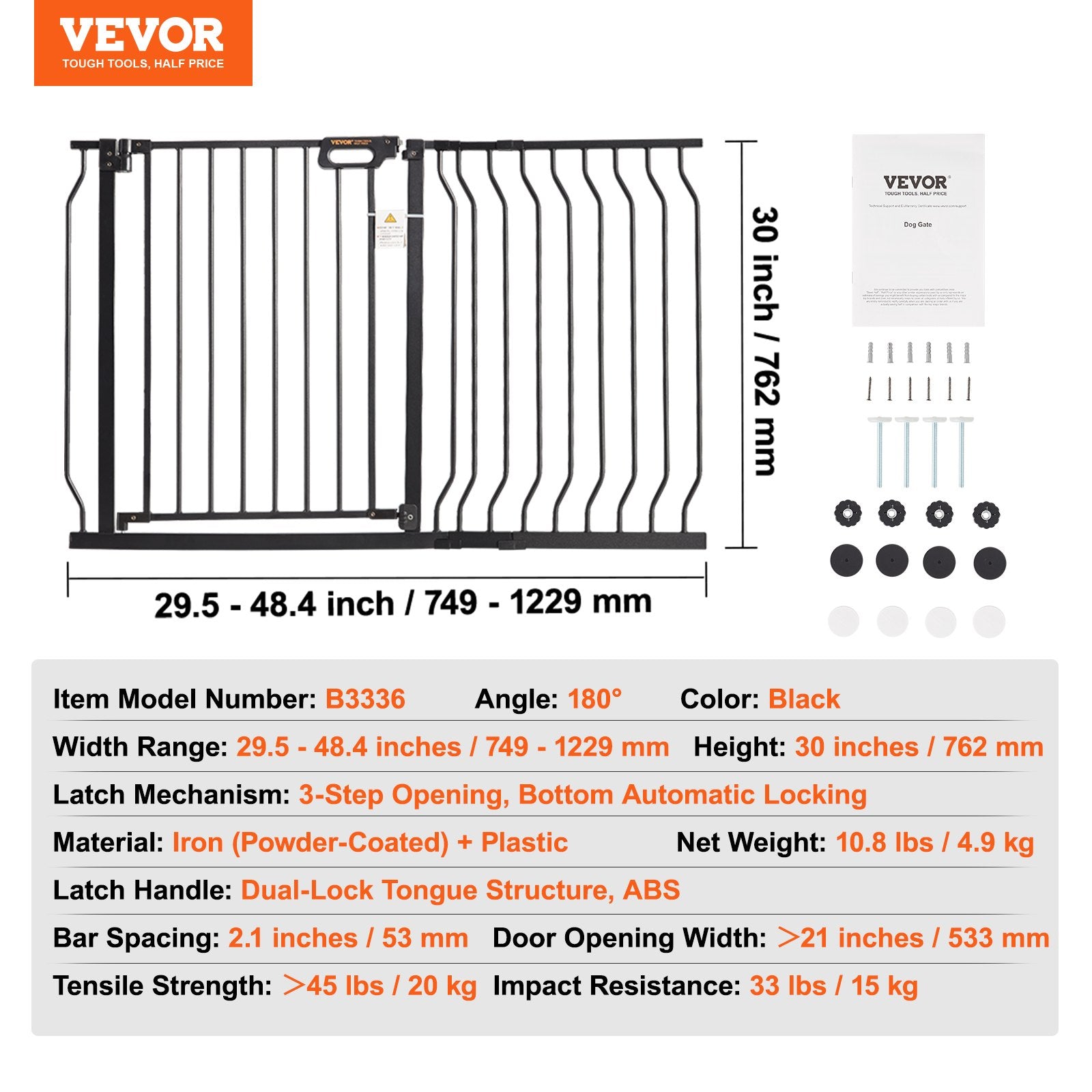 Baby Gate, 749-1229 mm Extra Wide, 762 mm High, Dog Gate for Stairs Doorways and House, Easy Step Walk Thru Auto Close Child Gate Pet Security Gate with Pressure Mount and Wall Mount Kit, Black