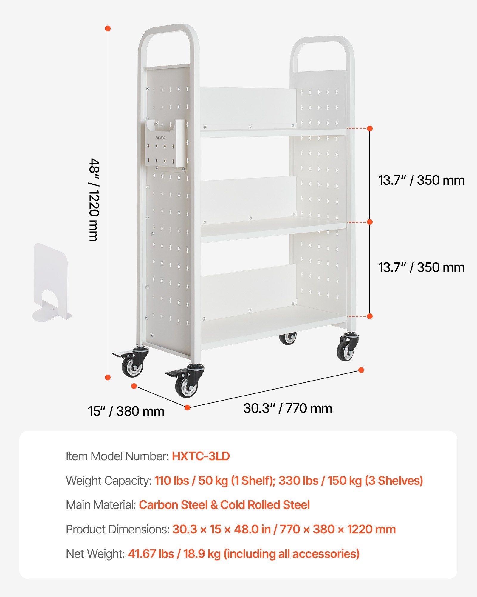 Rolling Library Book Cart, 150 kg Capacity, 77 x 38 x 122 cm Library Cart, Single Sided L-Shaped Shelves with 76.2 mm Lockable Wheels, Book Truck for Home Shelves Office and School, White