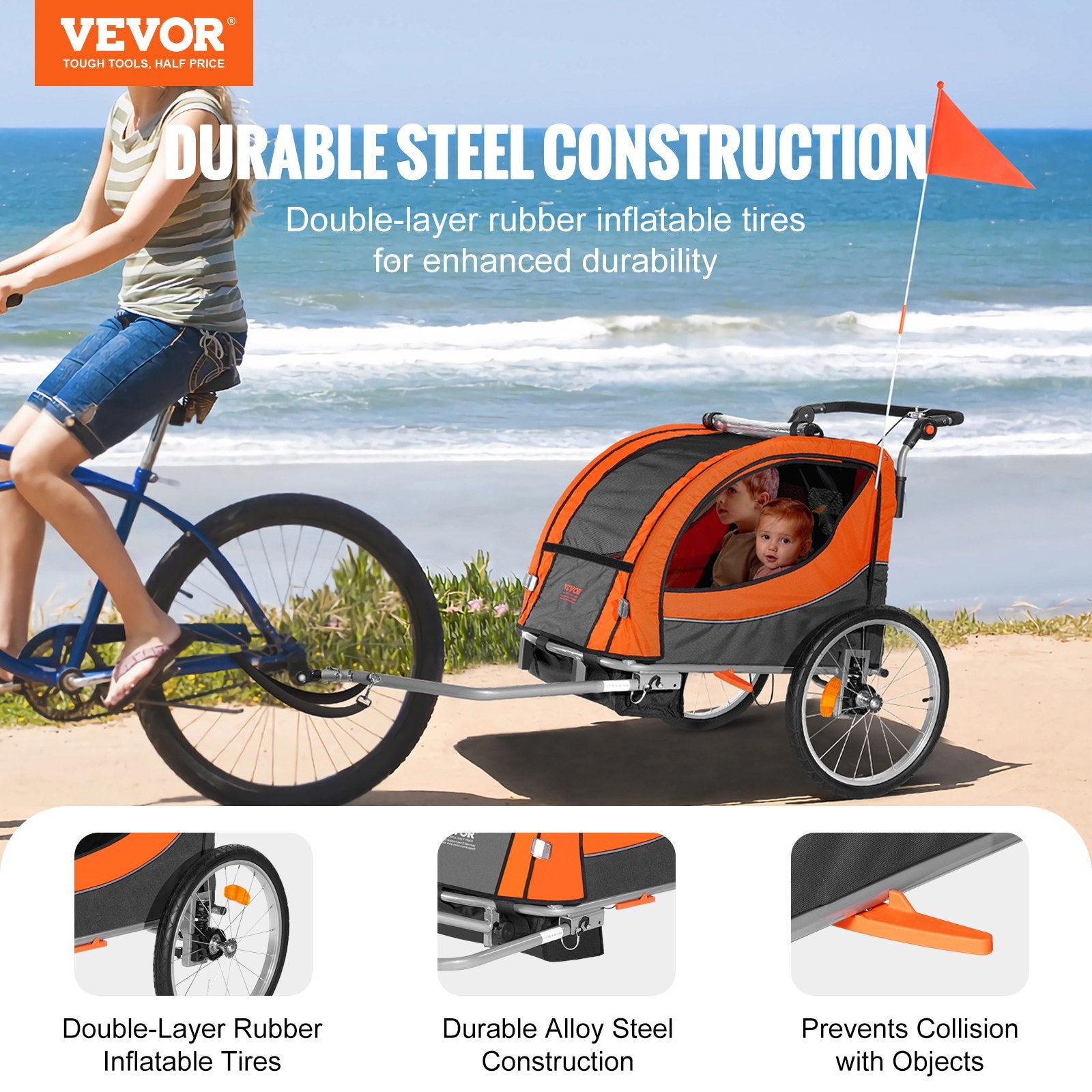 Bike Trailer for Toddlers, Kids, Double Seat, 45 kg Load, 2-In-1 Canopy Carrier Converts to Stroller, Tow Behind Foldable Child Bicycle Trailer with Universal Bicycle Coupler, Orange and Gray