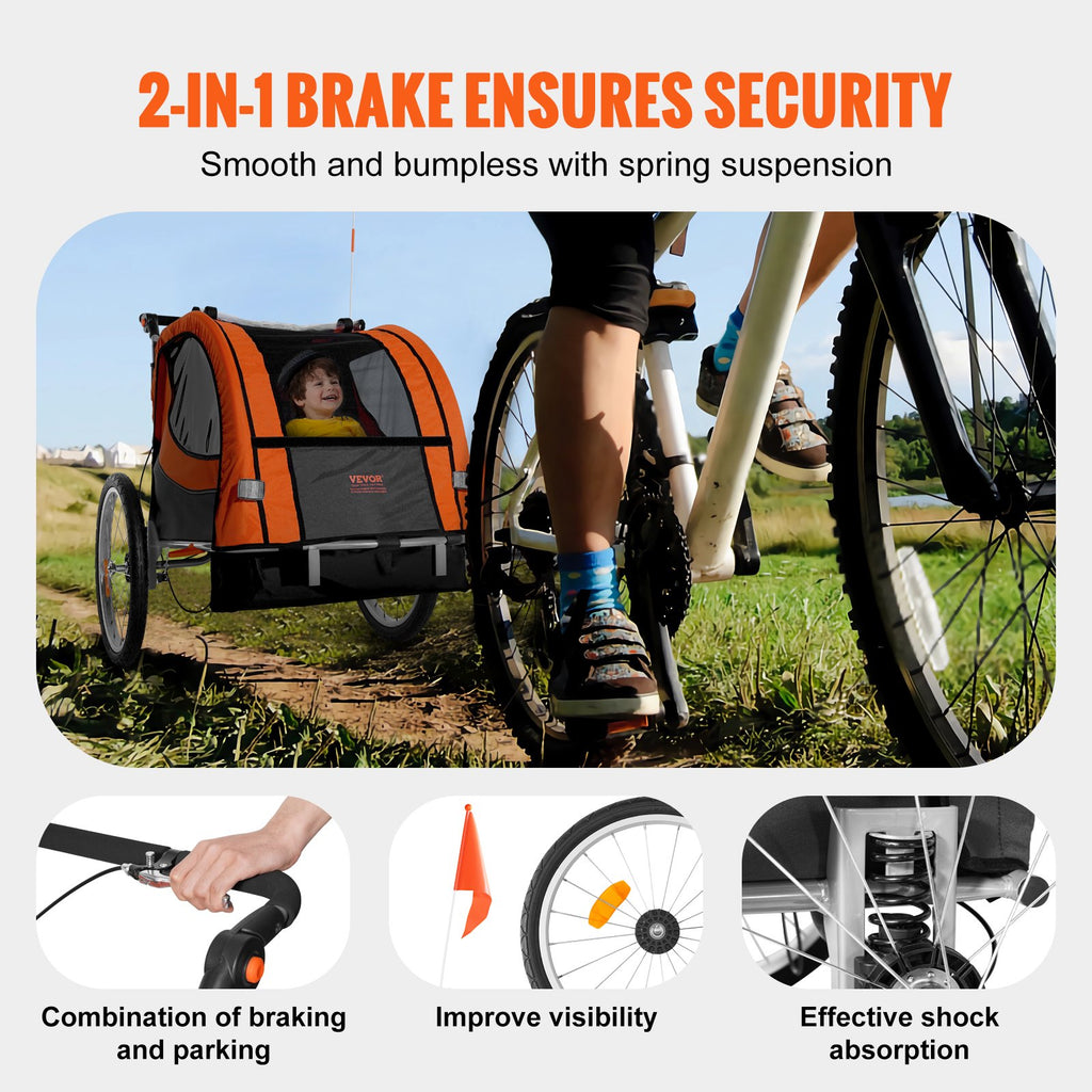 Bike Trailer for Toddlers, Kids, Double Seat, 45 kg Load, 2-In-1 Canopy Carrier Converts to Stroller, Tow Behind Foldable Child Bicycle Trailer with Universal Bicycle Coupler, Orange and Gray