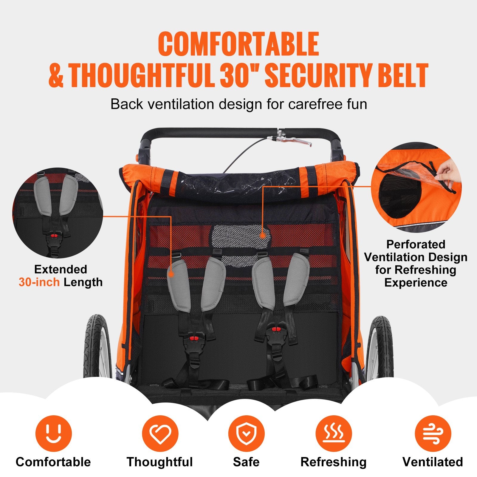 Bike Trailer for Toddlers, Kids, Double Seat, 45 kg Load, 2-In-1 Canopy Carrier Converts to Stroller, Tow Behind Foldable Child Bicycle Trailer with Universal Bicycle Coupler, Orange and Gray