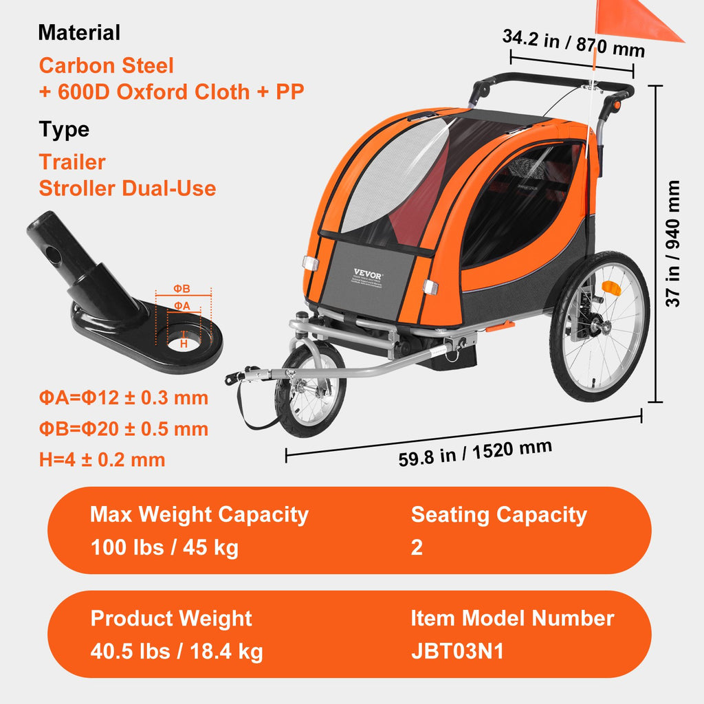 Bike Trailer for Toddlers, Kids, Double Seat, 45 kg Load, 2-In-1 Canopy Carrier Converts to Stroller, Tow Behind Foldable Child Bicycle Trailer with Universal Bicycle Coupler, Orange and Gray