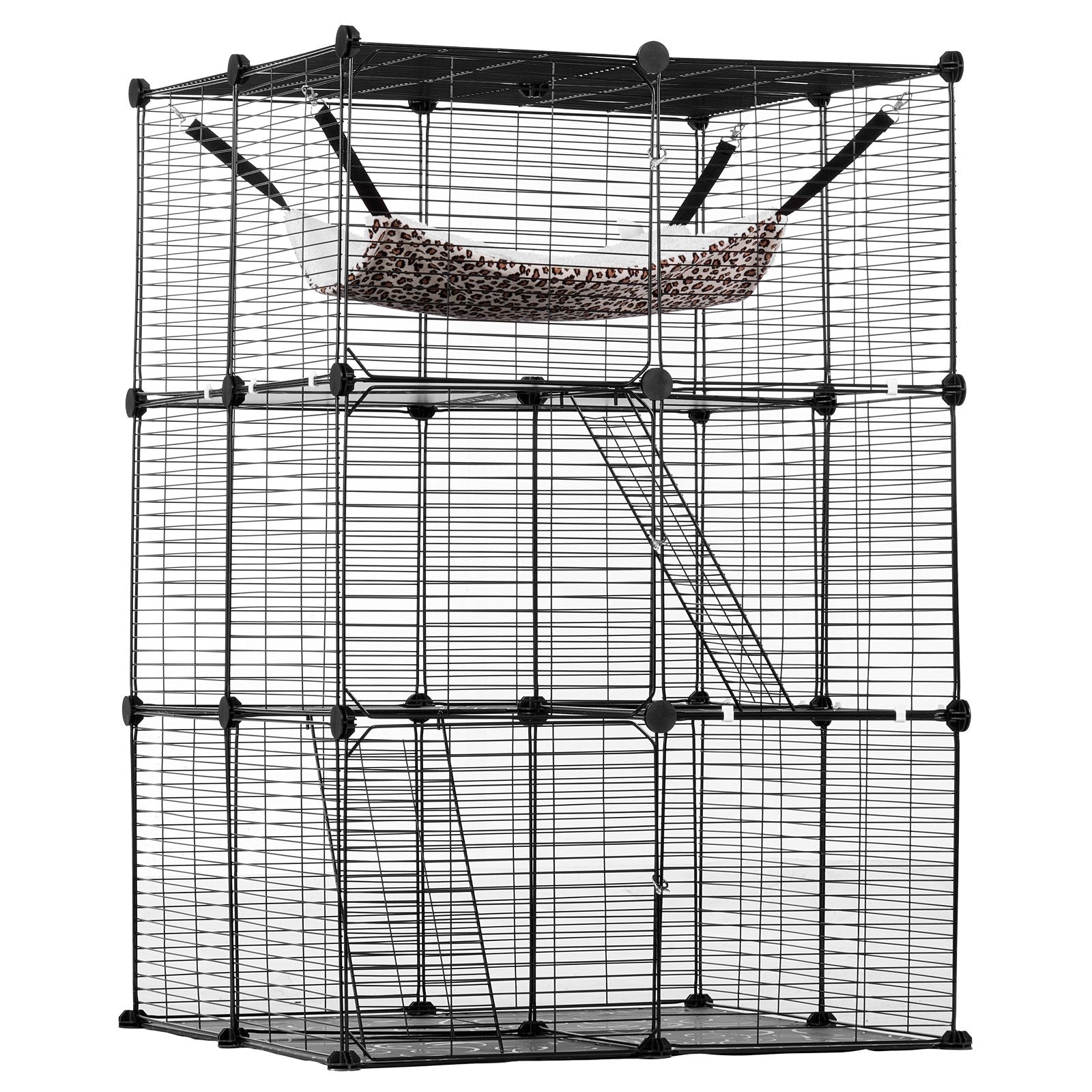 Large 3-tier Cat Cage, 28 x 28 x 41", DIY Detachable Metal Wire Durable Cat Enclosure, with Large Hammock 2 Ramp Ladders, Fit for Cats Exercise Indoor ＆ Outdoor, Ease of Assembly, Black
