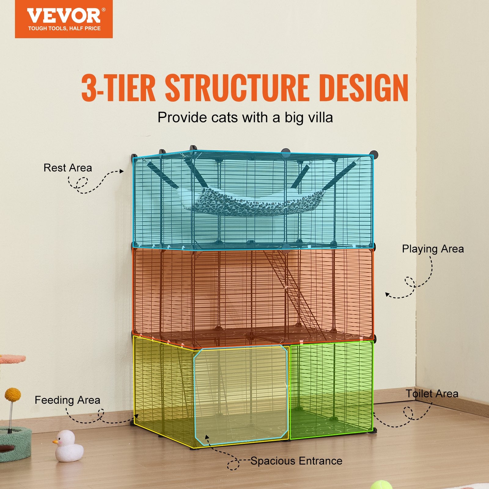 Large 3-tier Cat Cage, 28 x 28 x 41", DIY Detachable Metal Wire Durable Cat Enclosure, with Large Hammock 2 Ramp Ladders, Fit for Cats Exercise Indoor ＆ Outdoor, Ease of Assembly, Black