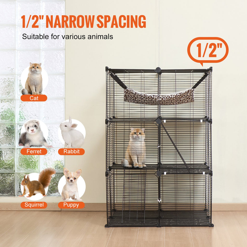 Large 3-tier Cat Cage, 28 x 28 x 41", DIY Detachable Metal Wire Durable Cat Enclosure, with Large Hammock 2 Ramp Ladders, Fit for Cats Exercise Indoor ＆ Outdoor, Ease of Assembly, Black