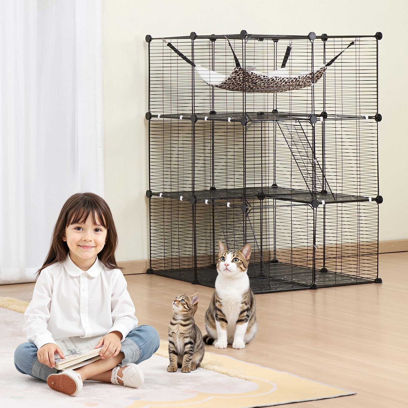 Large 3-tier Cat Cage, 28 x 28 x 41", DIY Detachable Metal Wire Durable Cat Enclosure, with Large Hammock 2 Ramp Ladders, Fit for Cats Exercise Indoor ＆ Outdoor, Ease of Assembly, Black