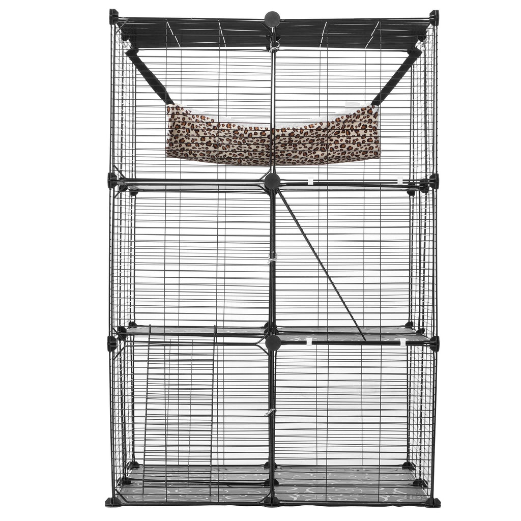 Large 3-tier Cat Cage, 28 x 28 x 41", DIY Detachable Metal Wire Durable Cat Enclosure, with Large Hammock 2 Ramp Ladders, Fit for Cats Exercise Indoor ＆ Outdoor, Ease of Assembly, Black