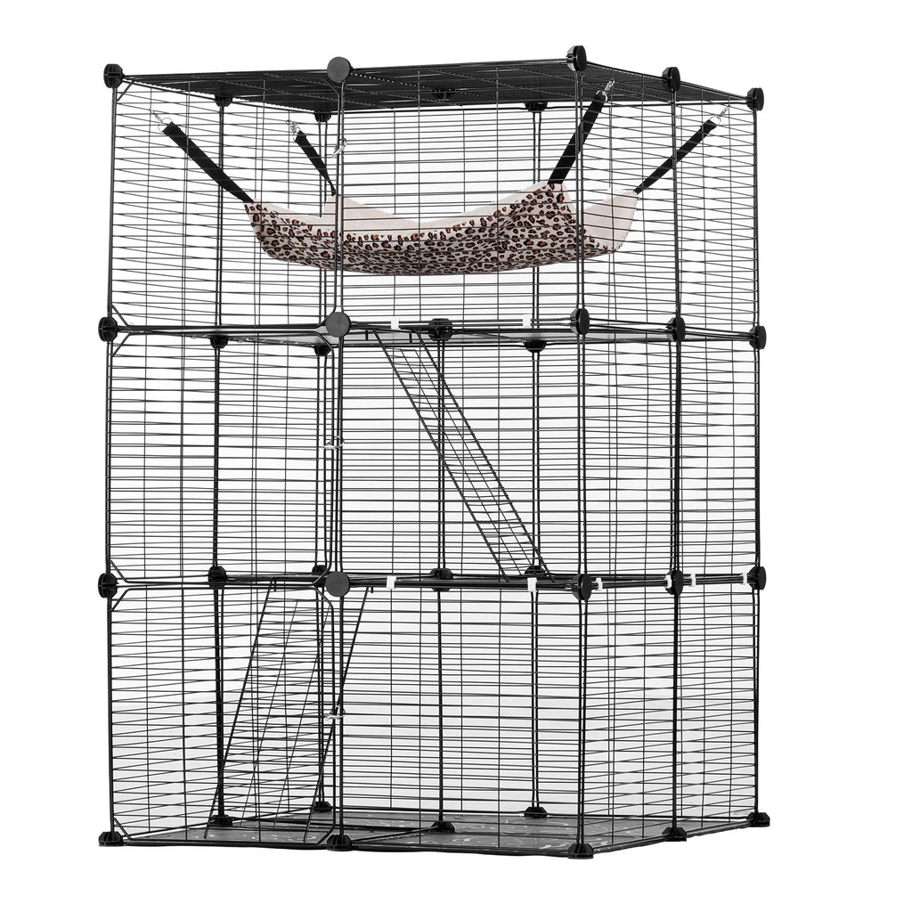 Large 3-tier Cat Cage, 28 x 28 x 41", DIY Detachable Metal Wire Durable Cat Enclosure, with Large Hammock 2 Ramp Ladders, Fit for Cats Exercise Indoor ＆ Outdoor, Ease of Assembly, Black