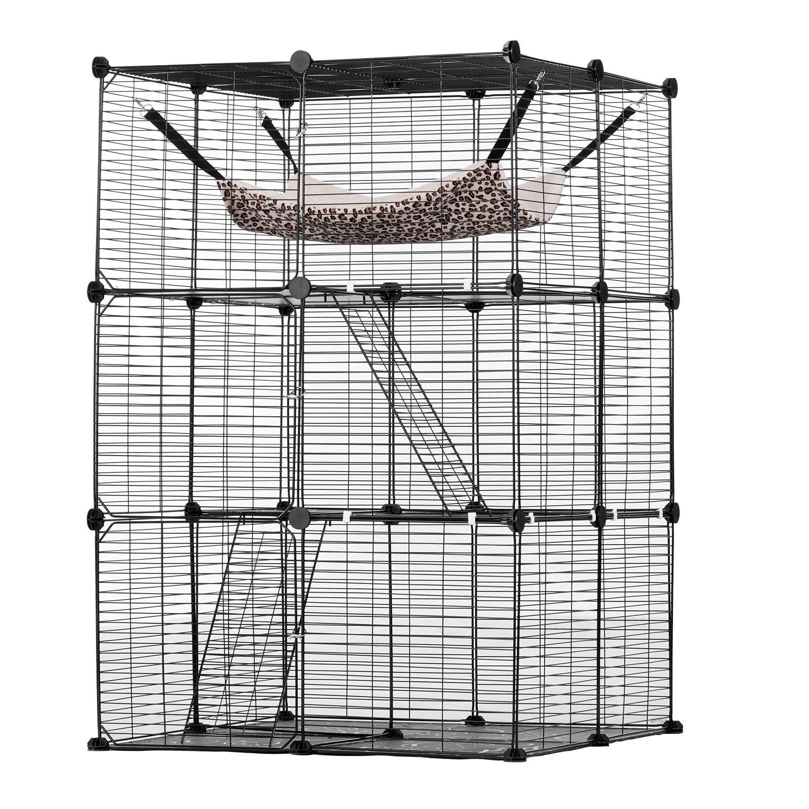 Large 3-tier Cat Cage, 28 x 28 x 41", DIY Detachable Metal Wire Durable Cat Enclosure, with Large Hammock 2 Ramp Ladders, Fit for Cats Exercise Indoor ＆ Outdoor, Ease of Assembly, Black