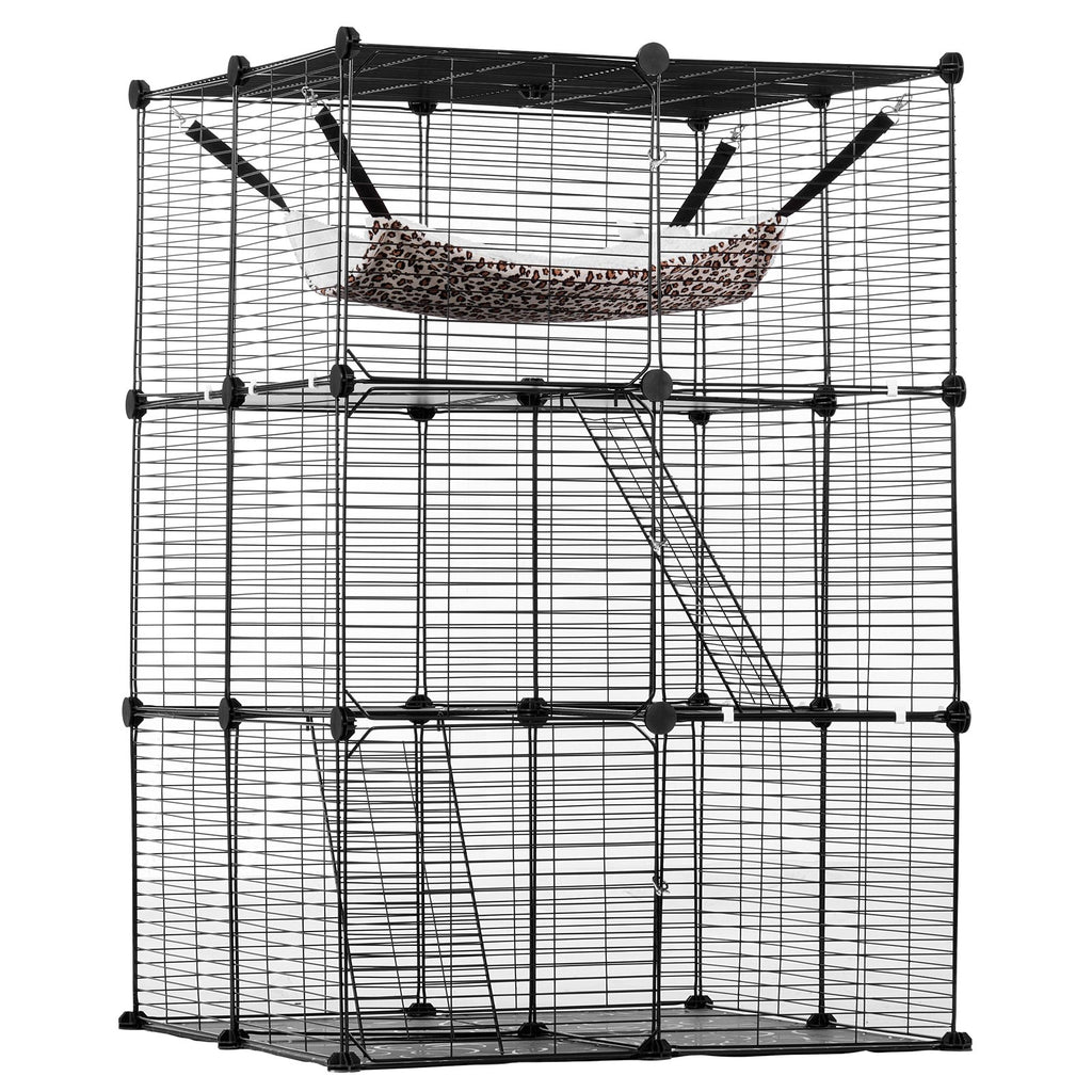 Large 3-tier Cat Cage, 28 x 28 x 41", DIY Detachable Metal Wire Durable Cat Enclosure, with Large Hammock 2 Ramp Ladders, Fit for Cats Exercise Indoor ＆ Outdoor, Ease of Assembly, Black