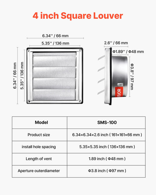 97mm Wall Vent Cover, Louvered Square AC Vent Gable Cover, Premium Stainless Steel & with Noise Reducing Rubber Gasket, for House,Bathroom,Garage,Kitchen,Basement (1 Pack, Silver)