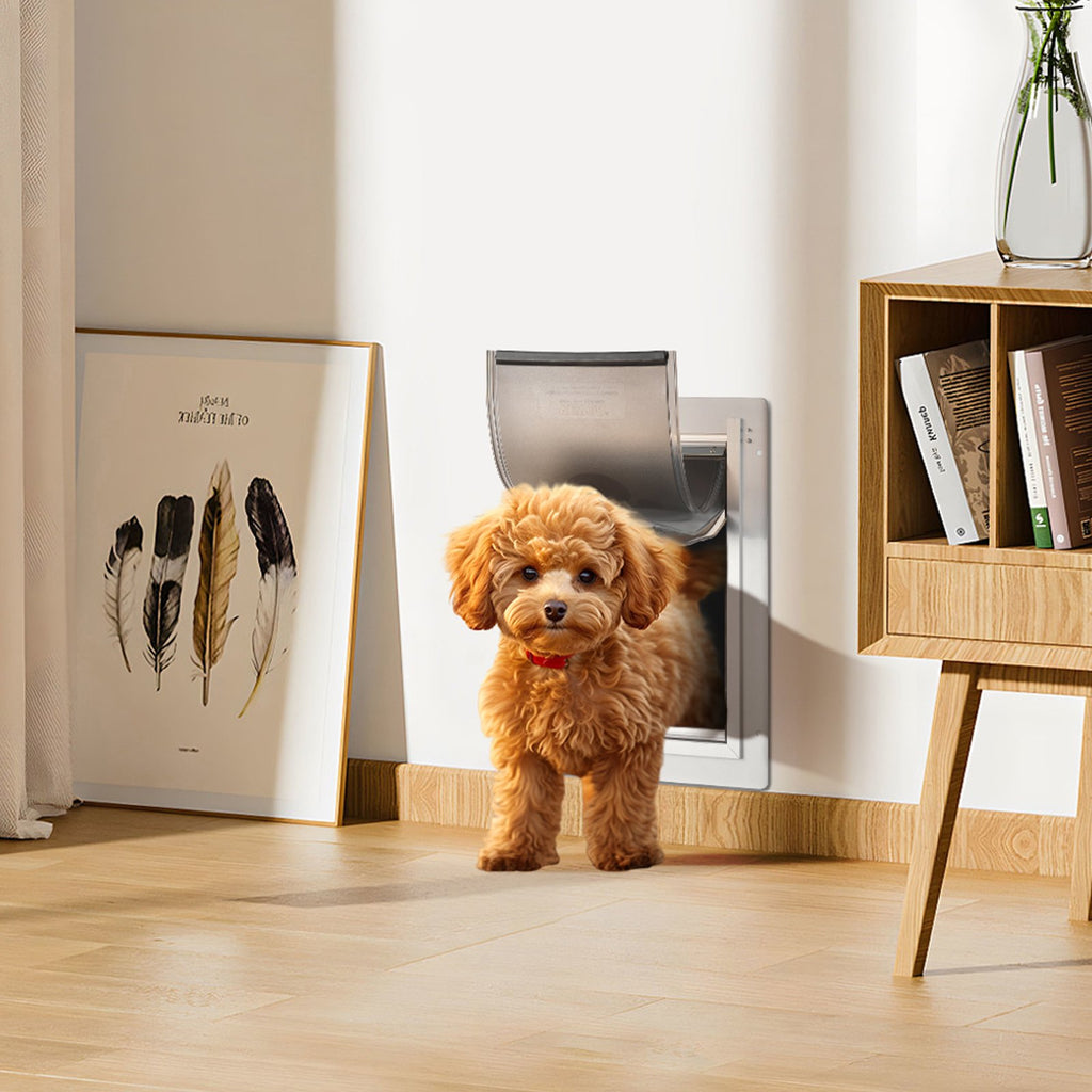 Pet Door, 31.2 x 43.5 cm Metal Frame with Lock and 3-Flap System, Weatherproof Doggy Door, Easy to Install in Interior or Exterior Walls, Pet Door Suitable for Cat Doggie Kitties (White-Medium)