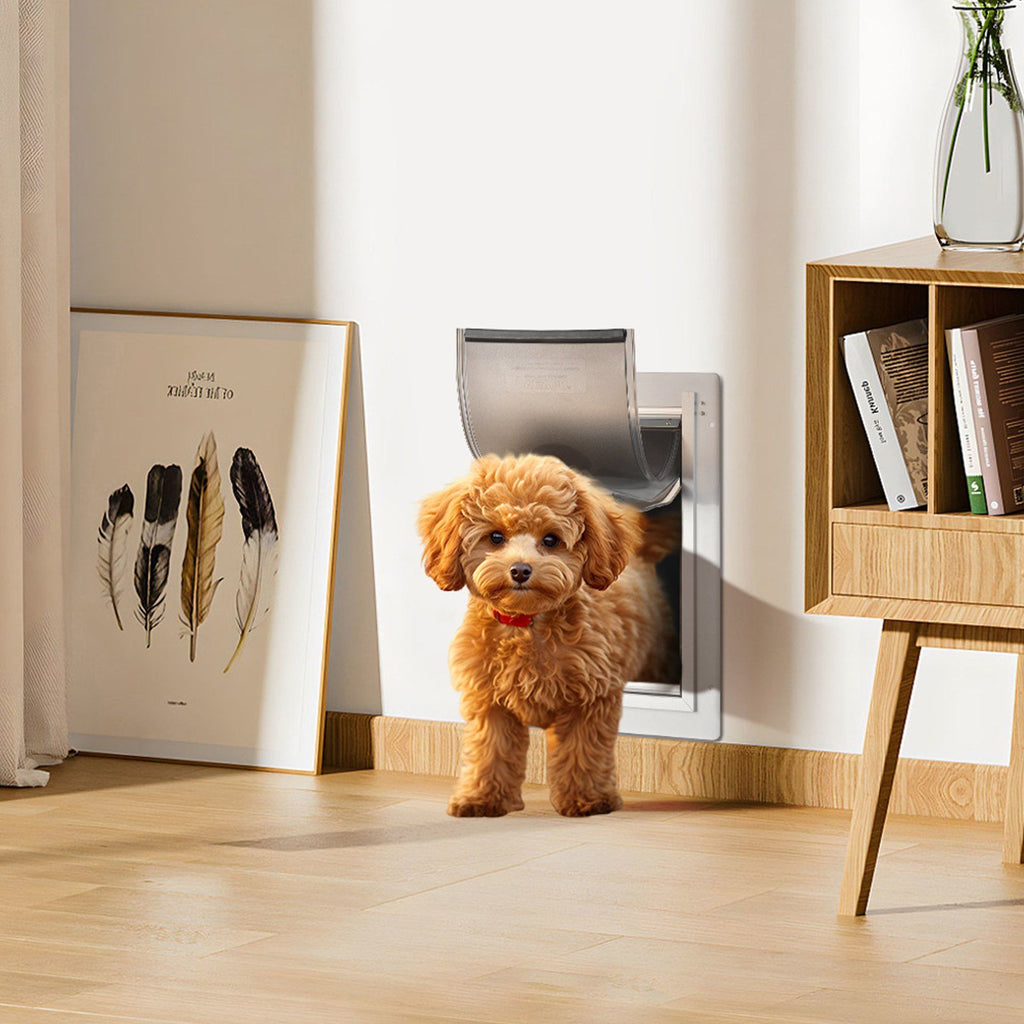 Pet Door, 23.6 x 33.5 cm Metal Frame with Lock and 3-Flap System, Weatherproof Doggy Door, Easy to Install in Interior or Exterior Walls, Pet Door Suitable for Cat Doggie Kitties (White-Small)