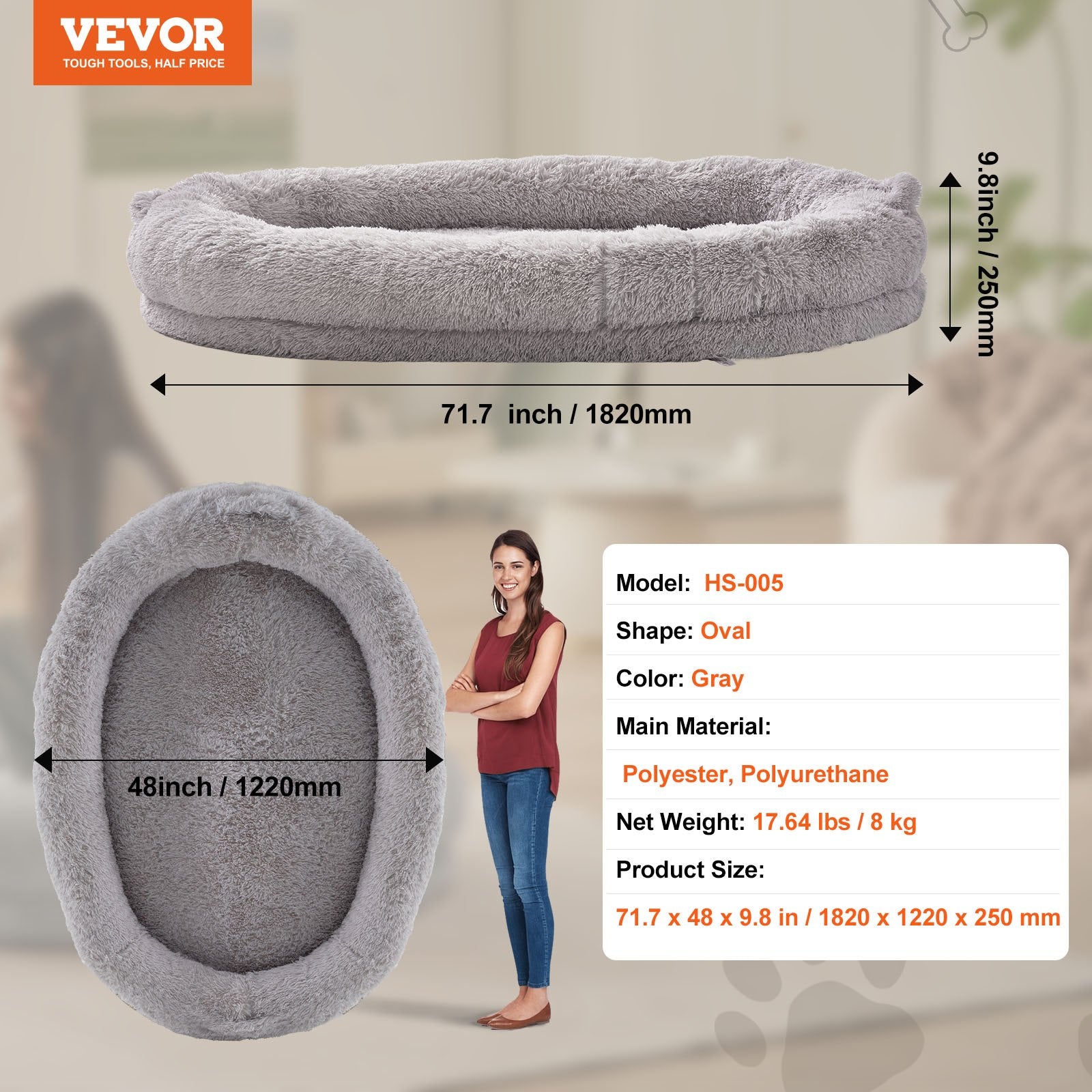 Human Dog Bed 1820x1220x250 mm Human Size Dog Bean Bed Washable PV Velvet