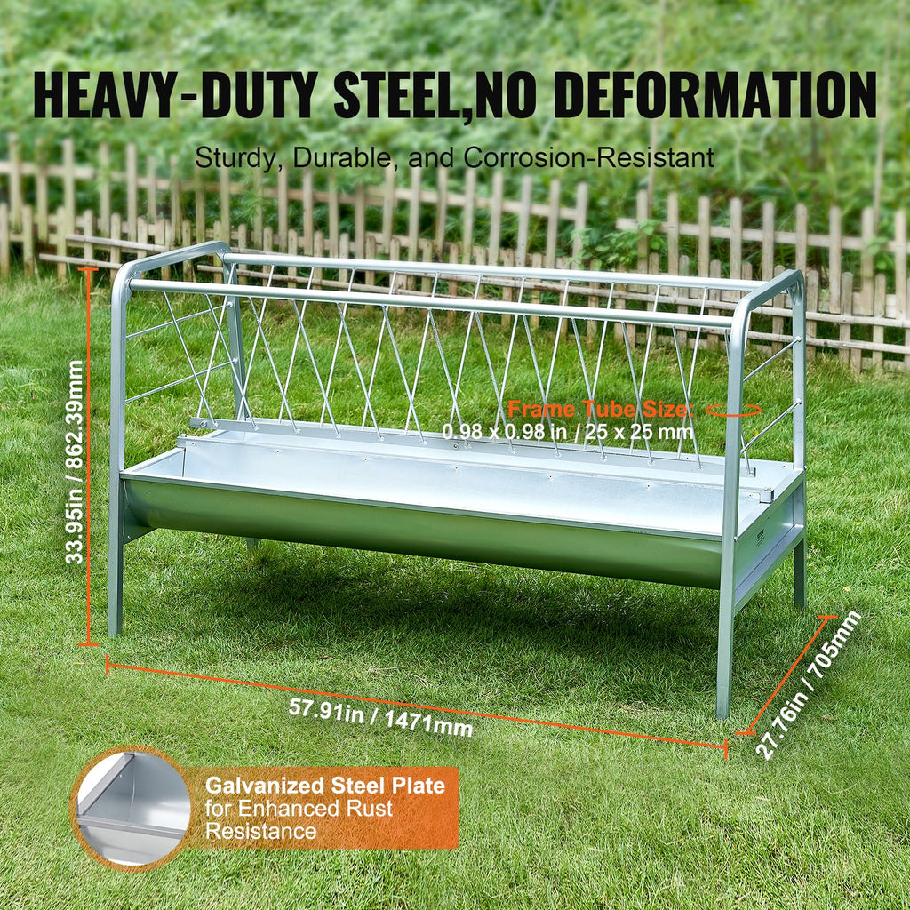 Livestock Hay Feeder, 2 in 1 Grain & Hay Feeder, 80-Gallon Capacity Pasture Feeder, 59" Long Goat Hay Feeder with Deeper Feeding Pan, Heavy Duty Steel Grain & Hay Holder for Sheep Farms Sheds