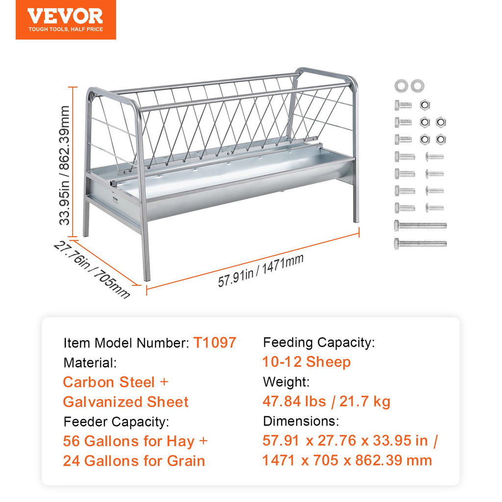 Livestock Hay Feeder, 2 in 1 Grain & Hay Feeder, 80-Gallon Capacity Pasture Feeder, 59" Long Goat Hay Feeder with Deeper Feeding Pan, Heavy Duty Steel Grain & Hay Holder for Sheep Farms Sheds