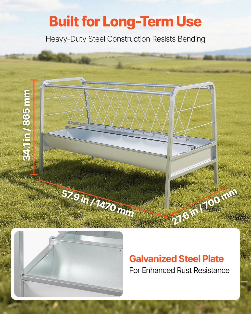 Livestock Hay Feeder, 2 in 1 Grain & Hay Feeder, 300L Capacity, 147 cm Long Goat Pasture Feeding with Deeper Feeding Pan, Heavy Duty Steel Grain Holder for Sheep Sheds, Farms, Horse Barns, Yards