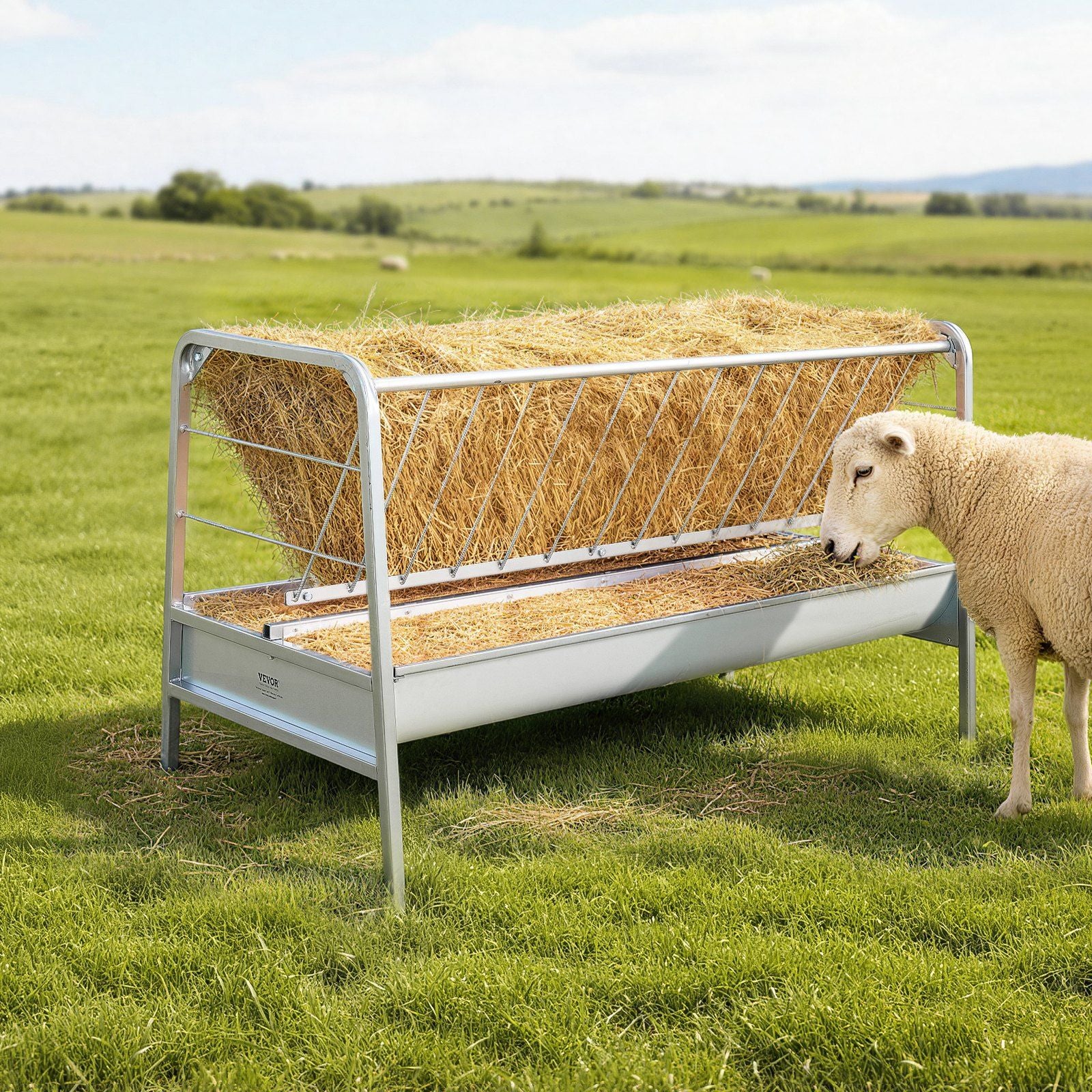 Livestock Hay Feeder, 2 in 1 Grain & Hay Feeder, 300L Capacity, 147 cm Long Goat Pasture Feeding with Deeper Feeding Pan, Heavy Duty Steel Grain Holder for Sheep Sheds, Farms, Horse Barns, Yards