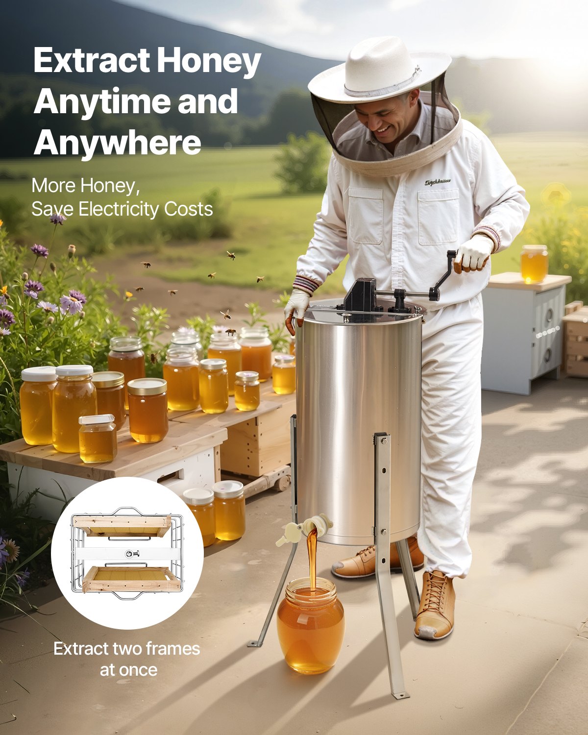 Honey Extractor, 2 Frame Manual Honey Spinner with Transparent Lid, Stainless Steel Honeycomb Drum Spinner with Height Adjustable Stand, Honeycomb Extraction Centrifuge Equipment for Beekeeping