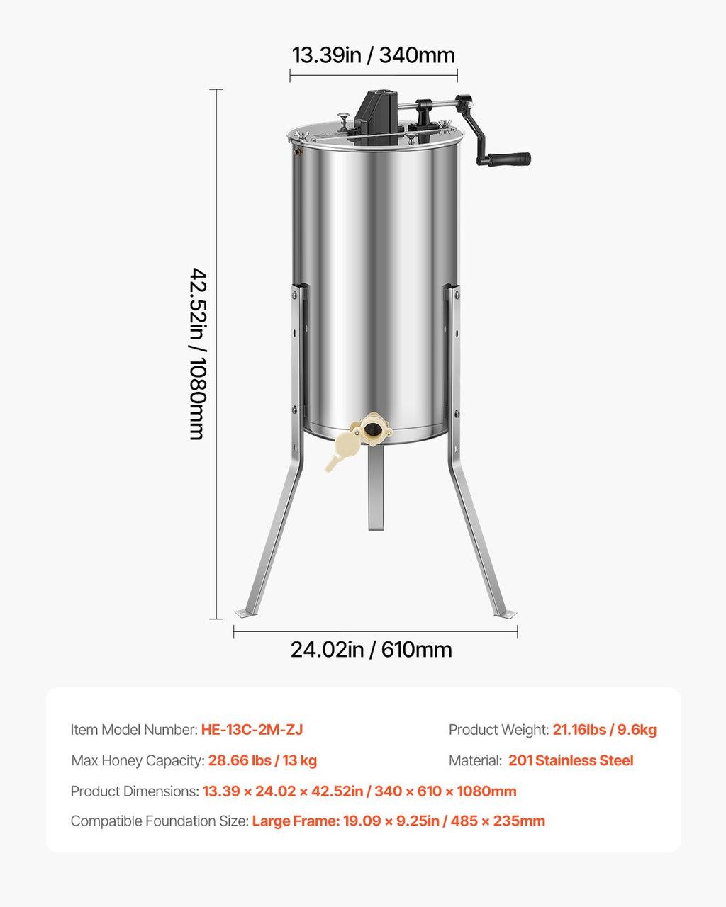 Honey Extractor, 2 Frame Manual Honey Spinner with Transparent Lid, Stainless Steel Honeycomb Drum Spinner with Height Adjustable Stand, Honeycomb Extraction Centrifuge Equipment for Beekeeping