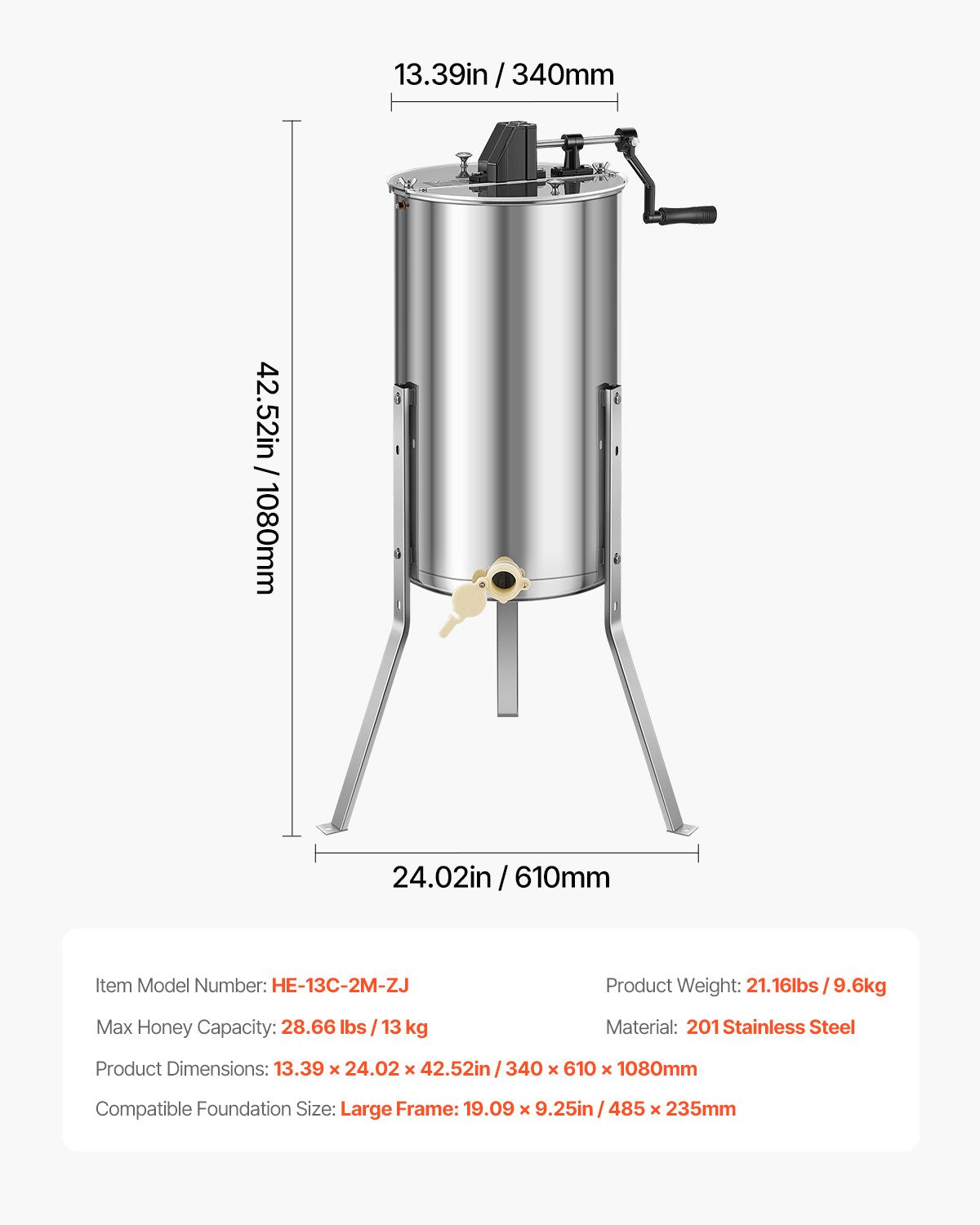 Honey Extractor, 2 Frame Manual Honey Spinner with Transparent Lid, Stainless Steel Honeycomb Drum Spinner with Height Adjustable Stand, Honeycomb Extraction Centrifuge Equipment for Beekeeping