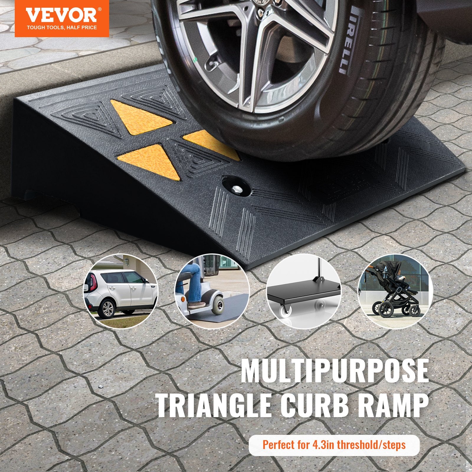 Rubber Curb Ramp 2 Pack, 11 cm Rise Height Heavy-Duty 15 tons Load Capacity Threshold Ramps, Driveway Ramps with Stable Grid Structure for Cars, Wheelchairs, Bikes, Motorcycles