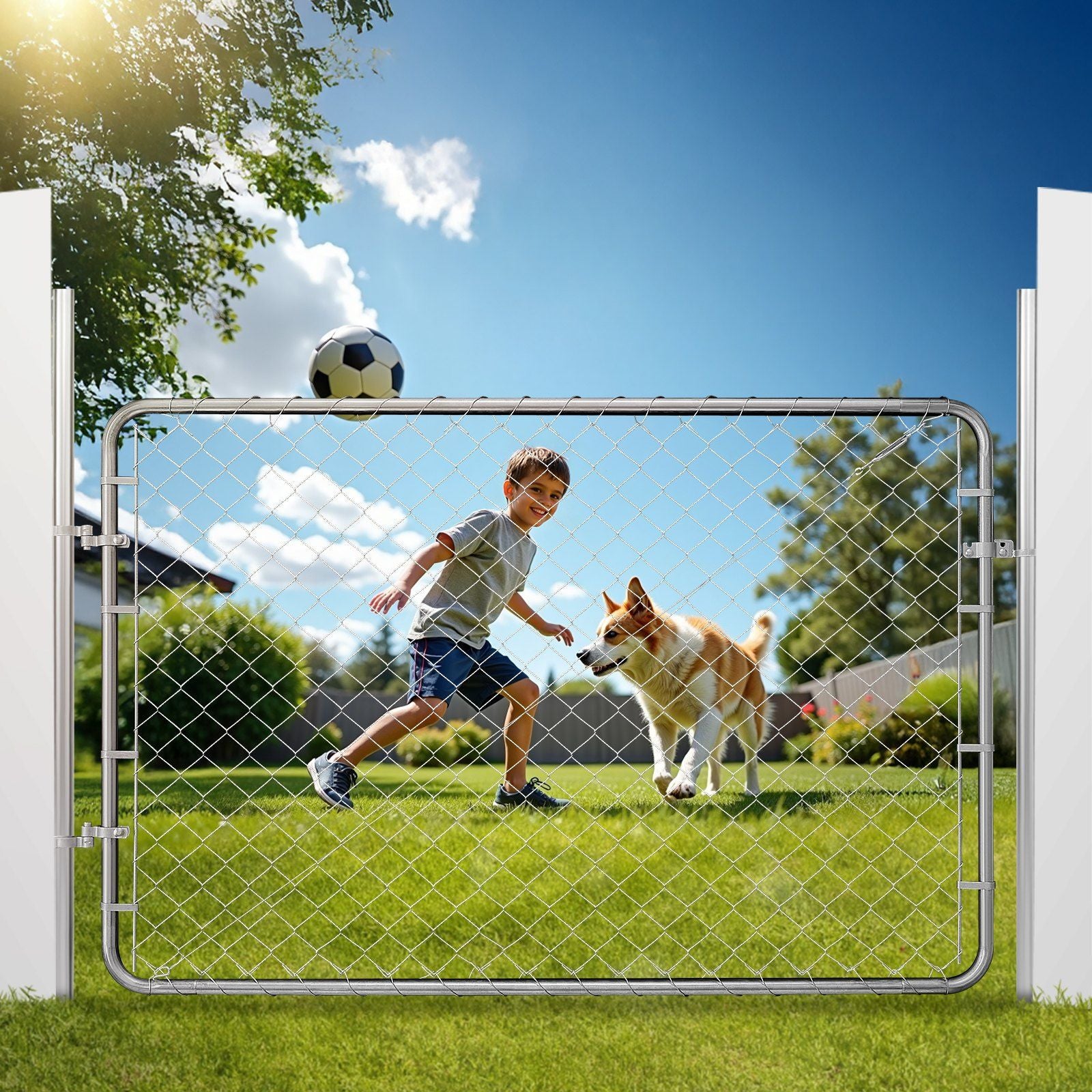 Chain Link Fence Gate, 183 x 122 cm, Adjustable Chain Link Fence Panel, Fit 67-183 cm (W) x 183 cm (H) Garden Fence Gate Opening, Rust-Resistant Galvanized Fencing Gate for Farm, Posts Not Included