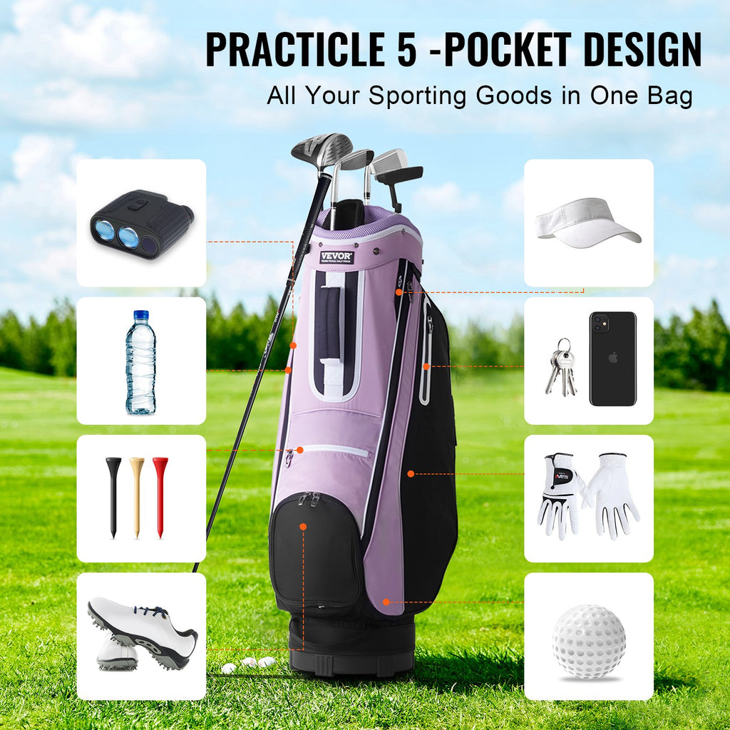 Golf Cart Bag with 14 Way Organizer Divider Top, 36” Multiple Pockets Premium Cart Bag, Durable Golf Bags with Handles & Dust Cover & Detachable Strap for Men & Women, Black Purple