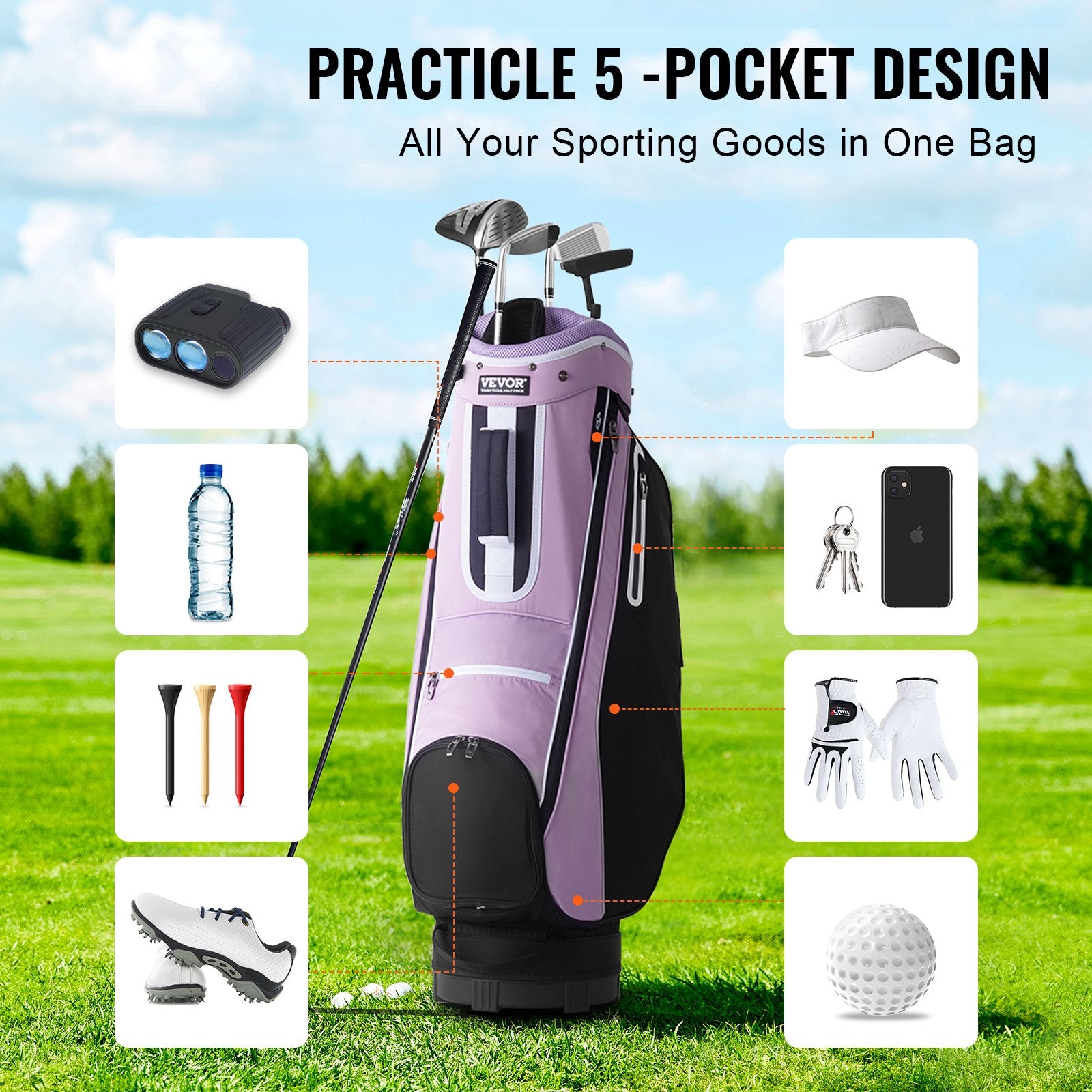 Golf Cart Bag with 14 Way Organizer Divider Top, 36” Multiple Pockets Premium Cart Bag, Durable Golf Bags with Handles & Dust Cover & Detachable Strap for Men & Women, Black Purple
