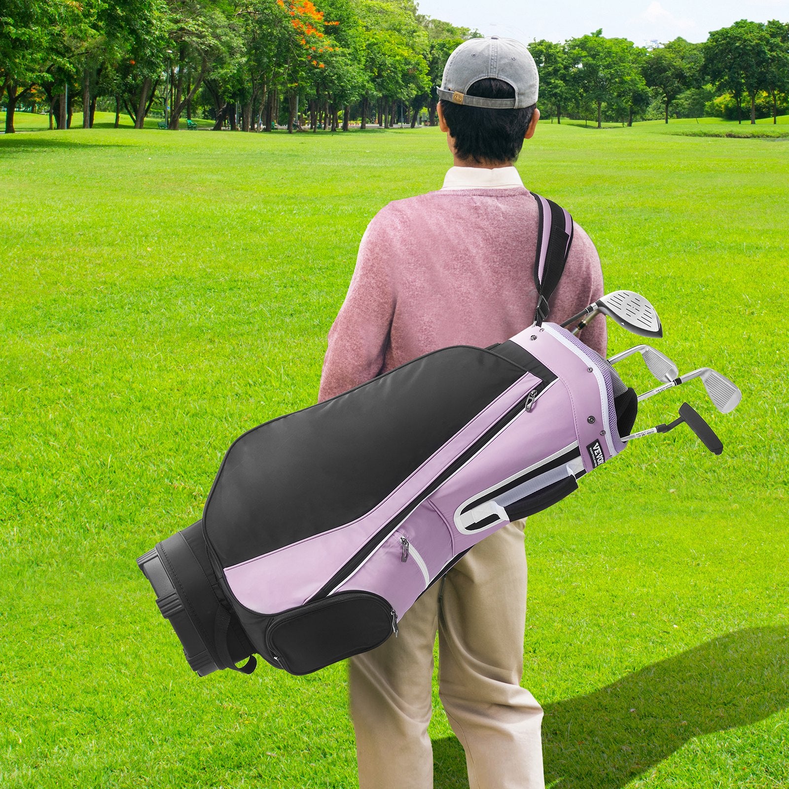 Golf Cart Bag with 14 Way Organizer Divider Top, 36” Multiple Pockets Premium Cart Bag, Durable Golf Bags with Handles & Dust Cover & Detachable Strap for Men & Women, Black Purple