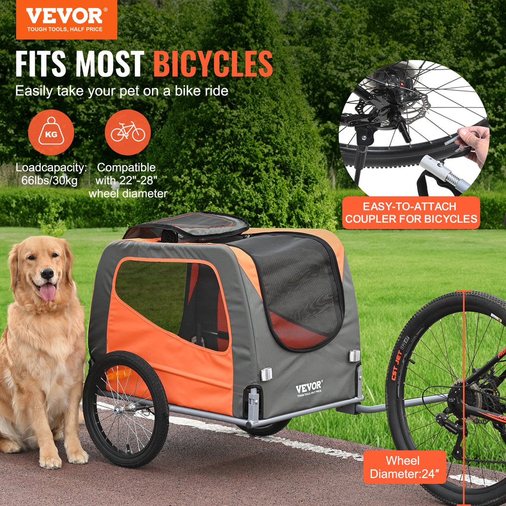 Dog Bike Trailer, Supports up to 30 kg, Pet Cart Bicycle Carrier, Easy Folding Frame with Quick Release Wheels, Universal Bicycle Coupler, Reflectors, Flag, Collapsible to Store, Orange/Gray