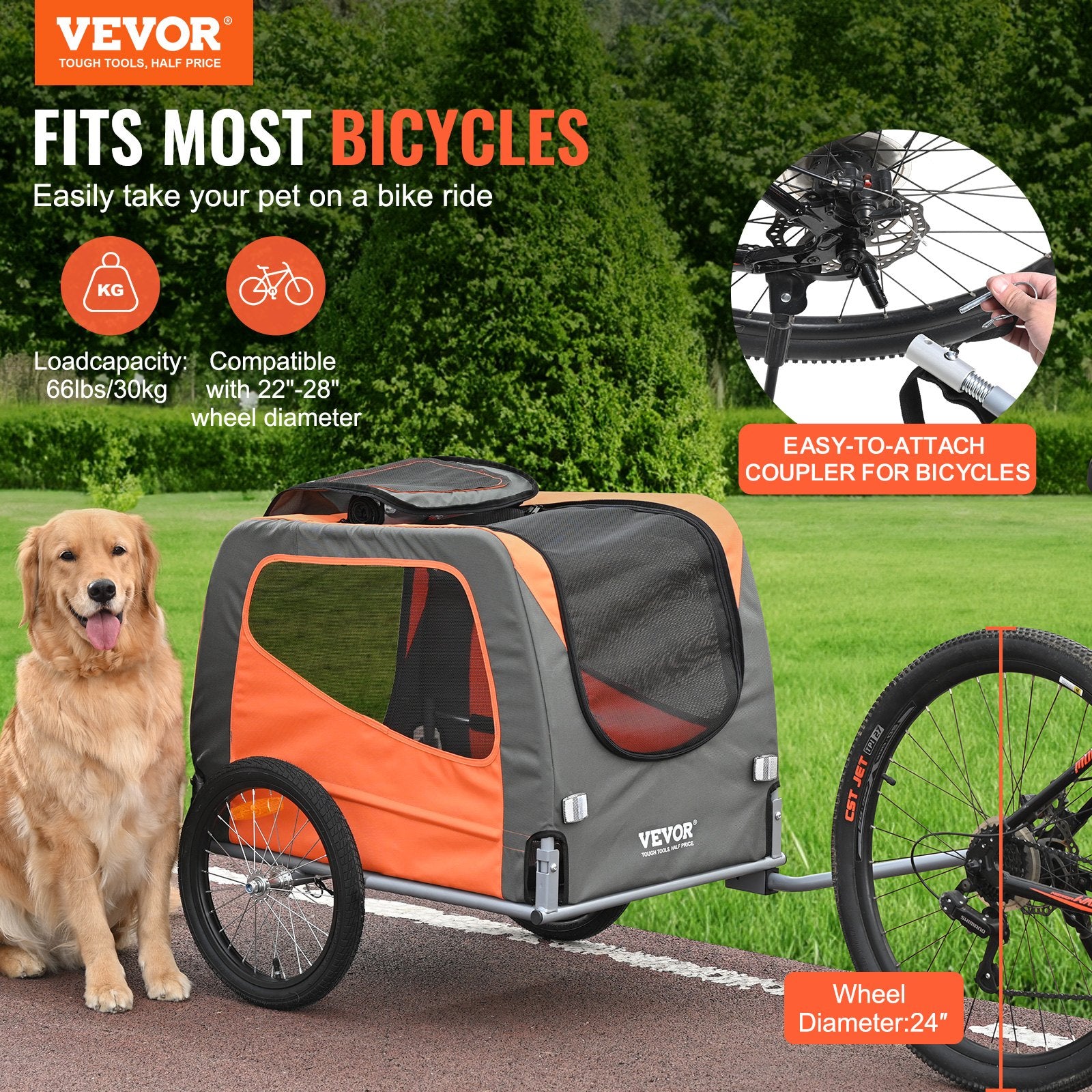 Dog Bike Trailer, Supports up to 30 kg, Pet Cart Bicycle Carrier, Easy Folding Frame with Quick Release Wheels, Universal Bicycle Coupler, Reflectors, Flag, Collapsible to Store, Orange/Gray