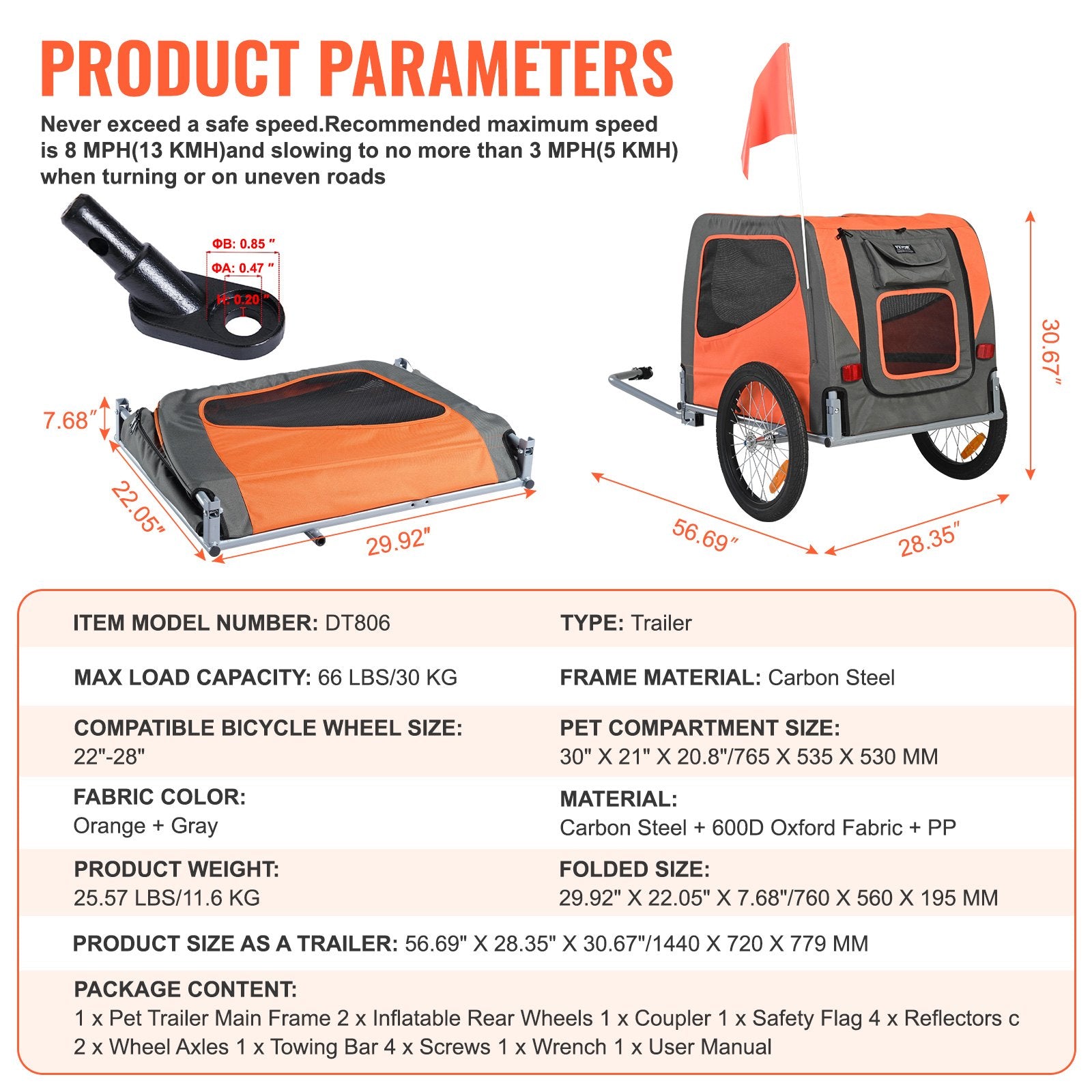 Dog Bike Trailer, Supports up to 30 kg, Pet Cart Bicycle Carrier, Easy Folding Frame with Quick Release Wheels, Universal Bicycle Coupler, Reflectors, Flag, Collapsible to Store, Orange/Gray