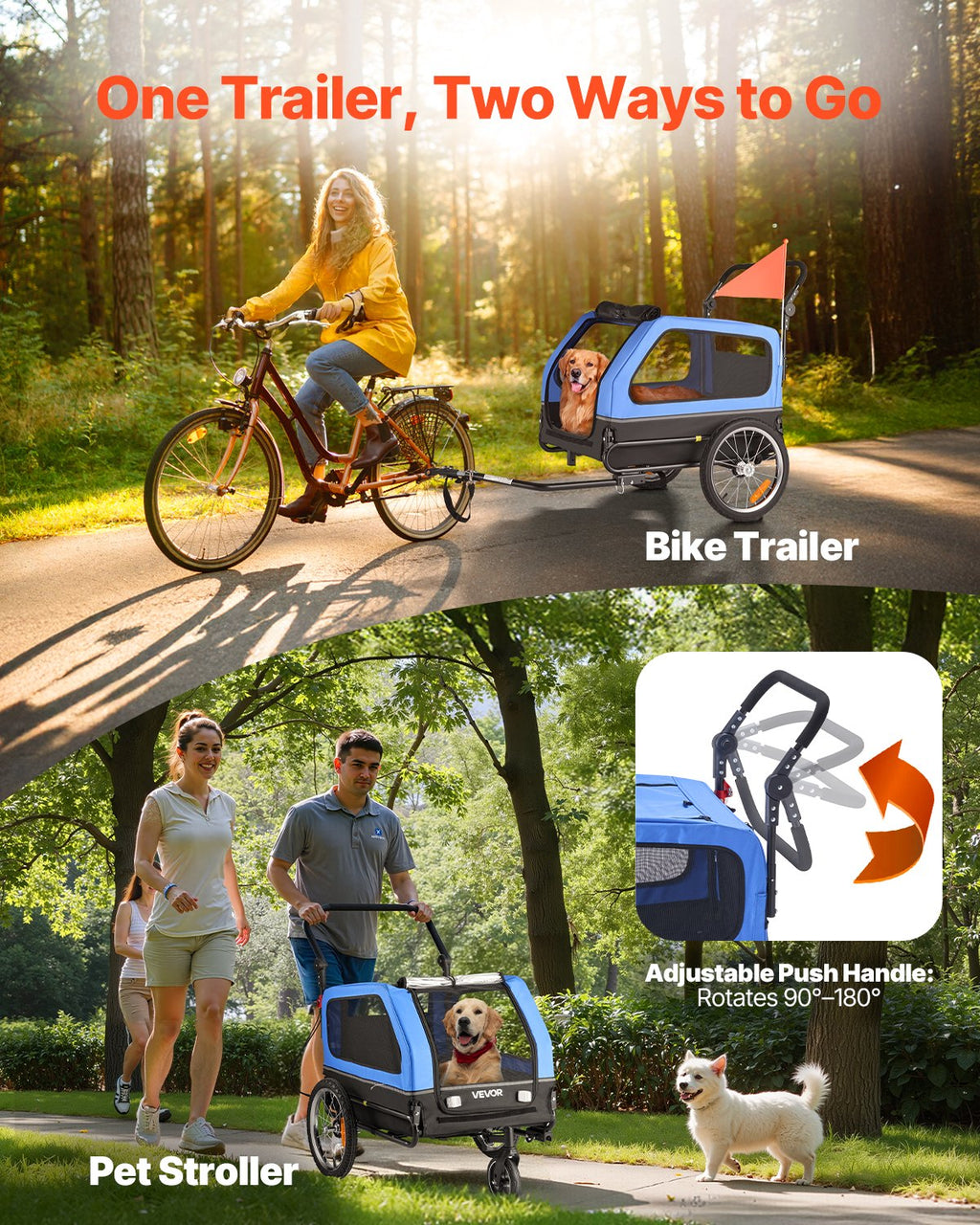 Dog Bike Trailer, Supports up to 40 kg, 2-in-1 Pet Stroller Cart Bicycle Carrier for Small & Large Dogs, Easy Folding Frame with Quick Release Wheel, Universal Bicycle Coupler, Internal Leash