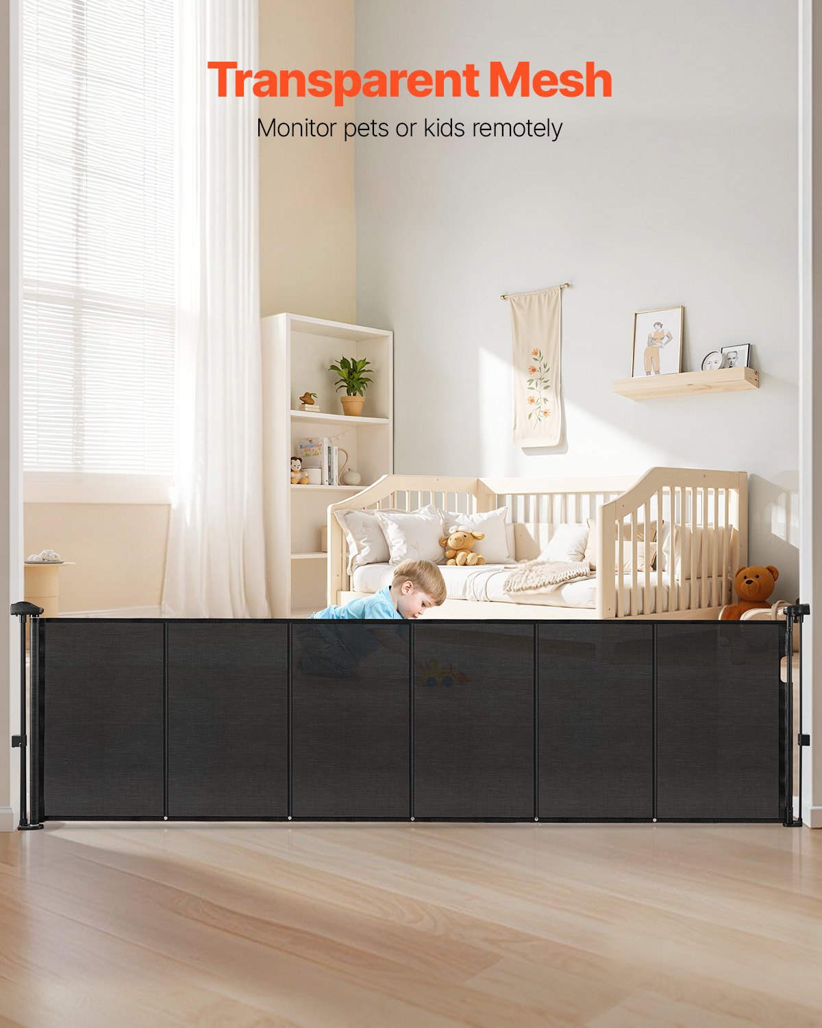 Retractable Baby Gate, 870 mm Tall, Extends up to 2800 mm Wide, Retractable Gate for Kids or Pets, Mesh Material, Easy to Install for Indoor Stairs, Doorways, Hallways, Playrooms, Black
