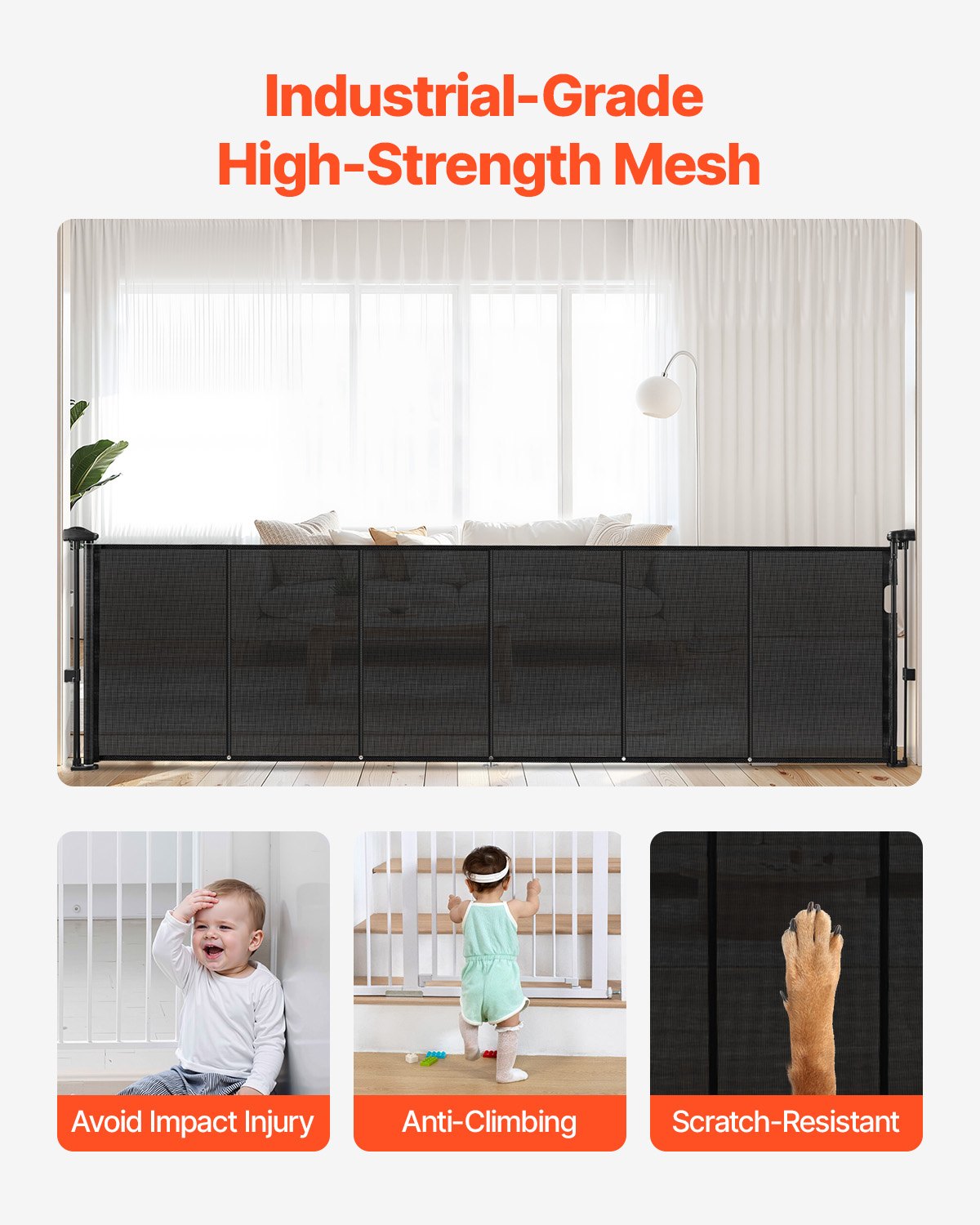 Retractable Baby Gate, 870 mm Tall, Extends up to 2800 mm Wide, Retractable Gate for Kids or Pets, Mesh Material, Easy to Install for Indoor Stairs, Doorways, Hallways, Playrooms, Black