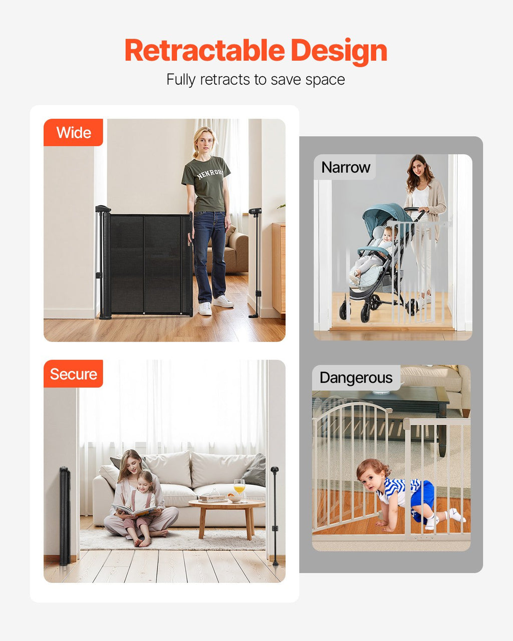 Retractable Baby Gate, 870 mm Tall, Extends up to 2800 mm Wide, Retractable Gate for Kids or Pets, Mesh Material, Easy to Install for Indoor Stairs, Doorways, Hallways, Playrooms, Black