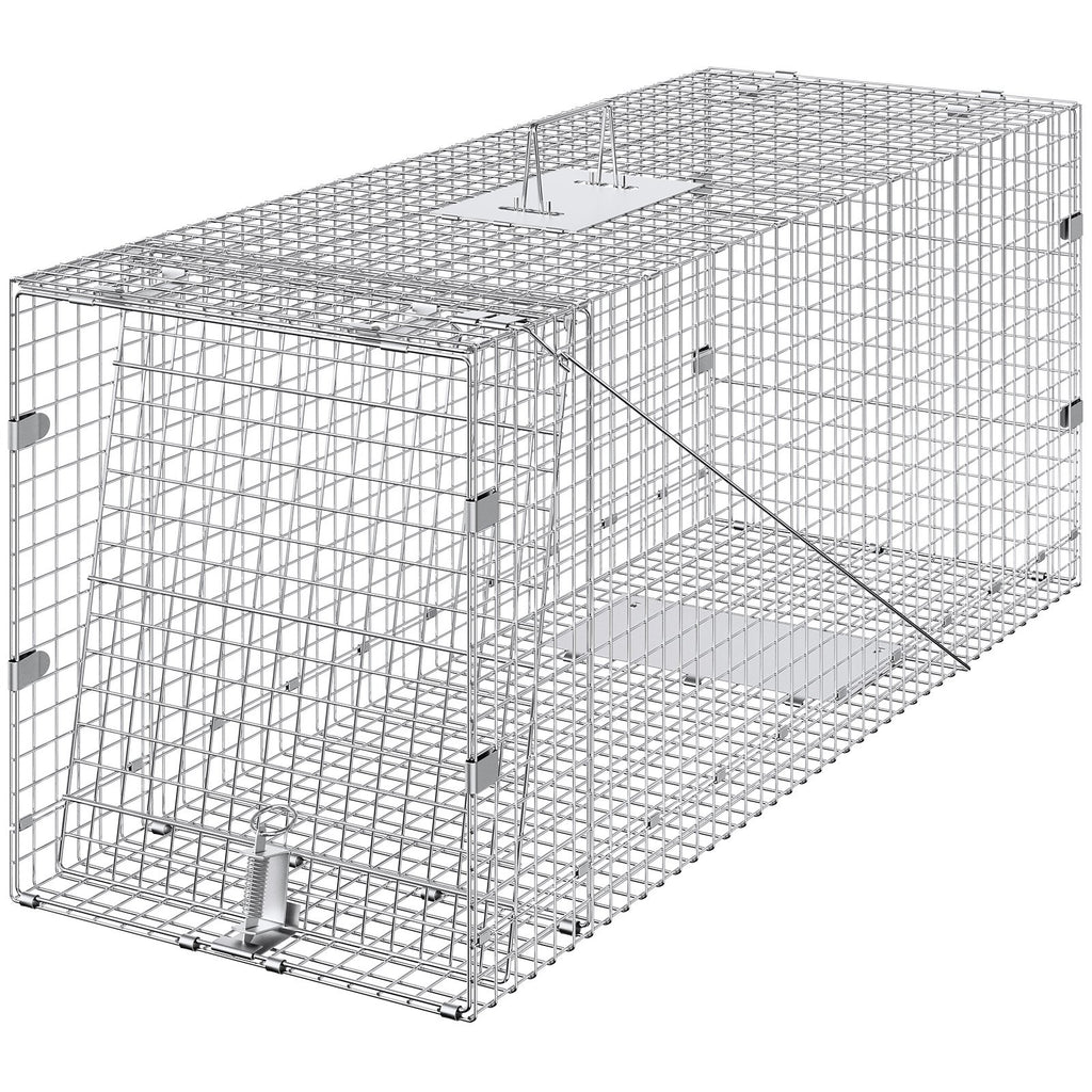 Live Animal Cage Trap, 50" x 20" x 26" Humane Cat Trap Galvanized Iron, Folding Animal Trap with Handle for Stray Dogs, Armadillos, Raccoons, Marmots, Foxes