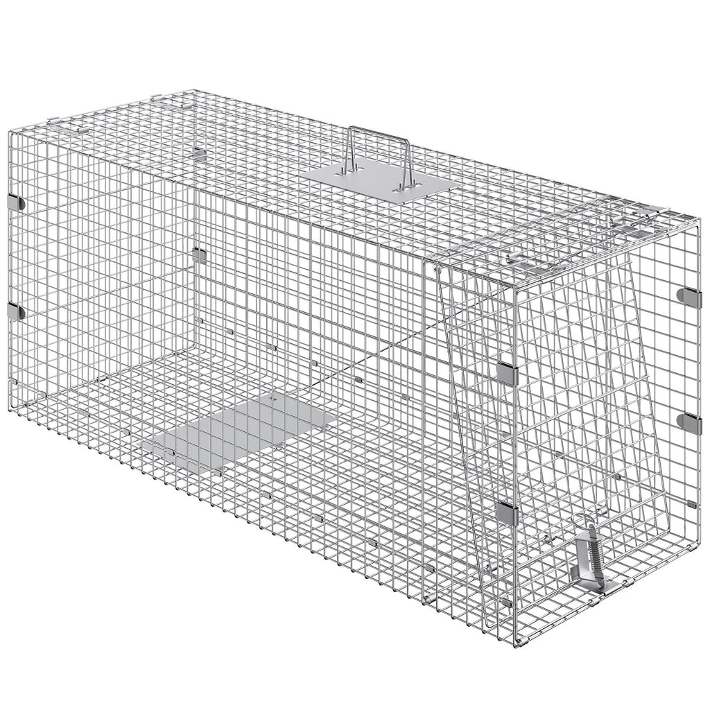 Live Animal Cage Trap, 50" x 20" x 26" Humane Cat Trap Galvanized Iron, Folding Animal Trap with Handle for Stray Dogs, Armadillos, Raccoons, Marmots, Foxes