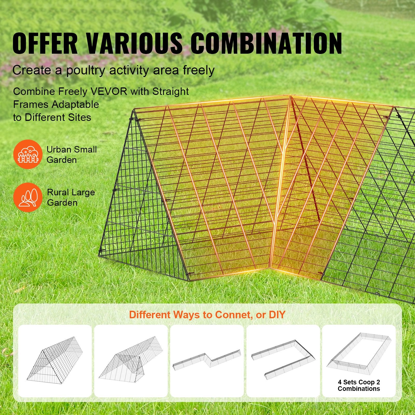 Chicken Tunnels, 729 x 200 x 61.5cm(LxWxH) Chicken Tunnels for Yard, Portable Chicken Tunnels for Outside with Corner Frames, 2 Sets, Suitable for Chickens, Ducks, Rabbits