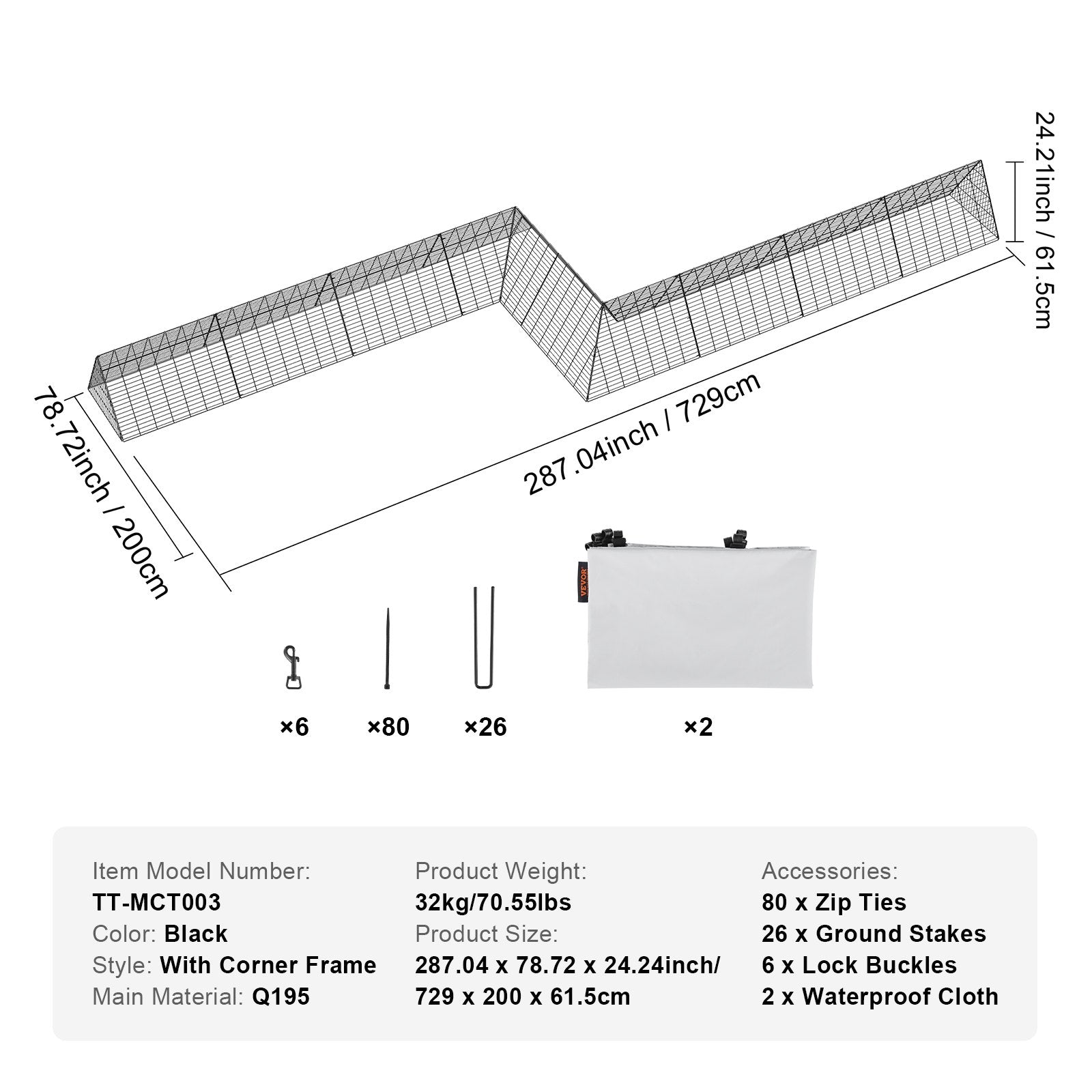 Chicken Tunnels, 729 x 200 x 61.5cm(LxWxH) Chicken Tunnels for Yard, Portable Chicken Tunnels for Outside with Corner Frames, 2 Sets, Suitable for Chickens, Ducks, Rabbits