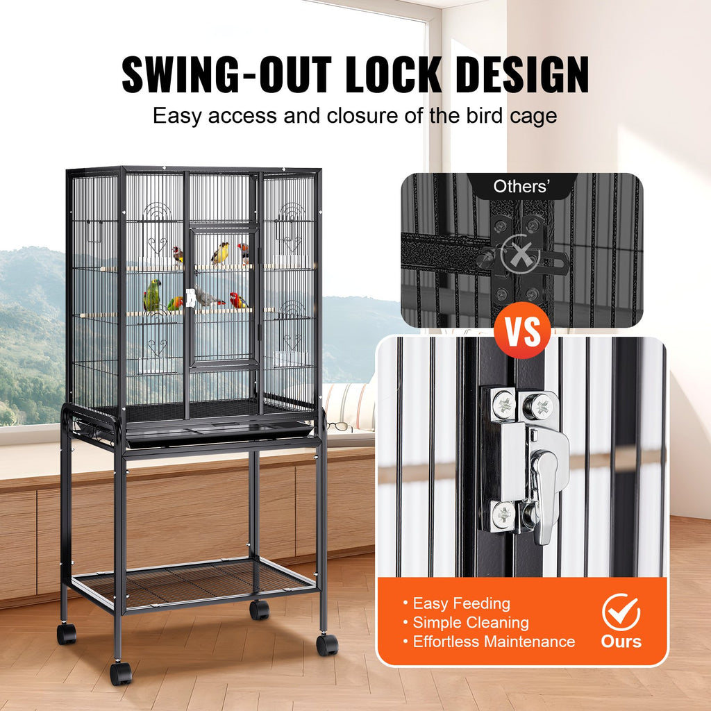 54 inch Standing Large Bird Cage, Carbon Steel Flight Bird Cage for Parakeets, Cockatiels, Parrots, Macaw with Rolling Stand and Tray