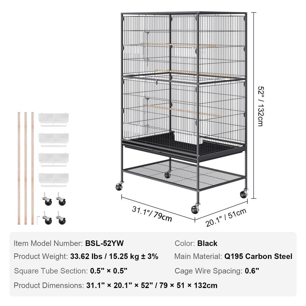 52 inch Standing Large Bird Cage, Carbon Steel Flight Bird Cage for Parakeets, Cockatiels, Parrots, Macaw with Rolling Stand and Tray