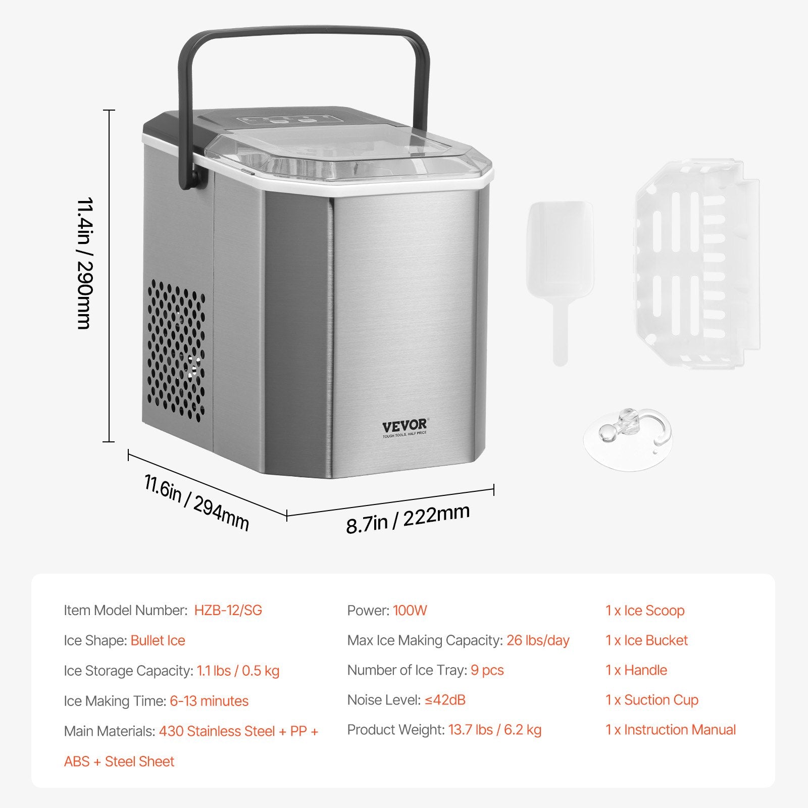 Portable Countertop Ice Maker 26Lbs/24H Self-Cleaning with Scoop Basket