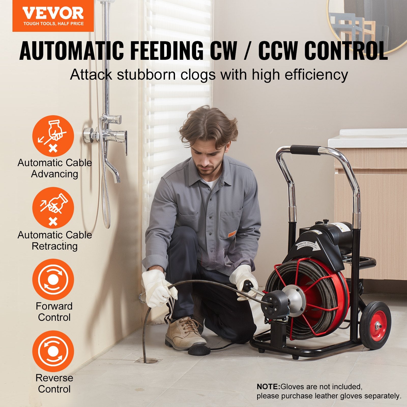 Drain Cleaner Machine Electric Drain Auger 100FT x 3/8 In Auto Feed