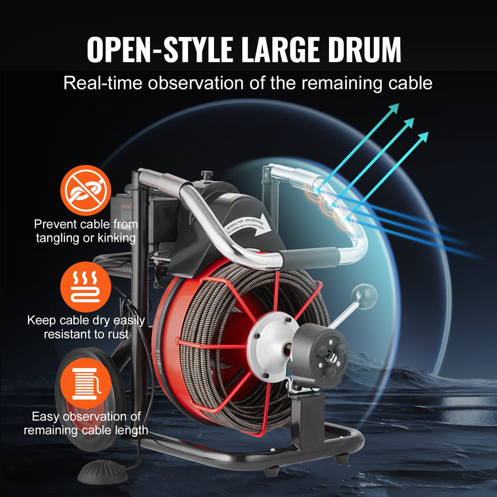 Drain Cleaner Machine Electric Drain Auger 100FT x 3/8 In Auto Feed