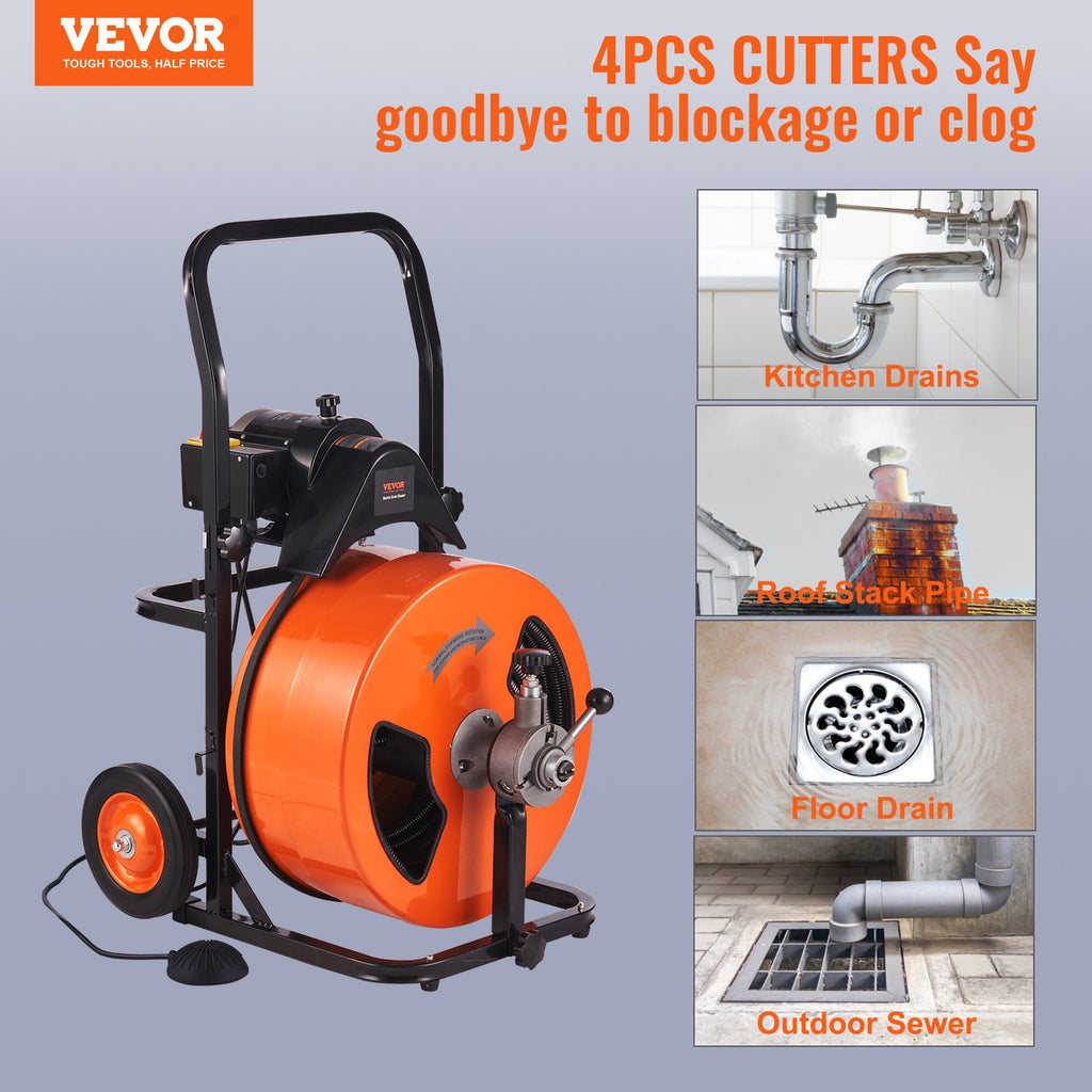 Drain Cleaner Machine Electric Drain Auger 100 FT x 3/4In Auto Feed