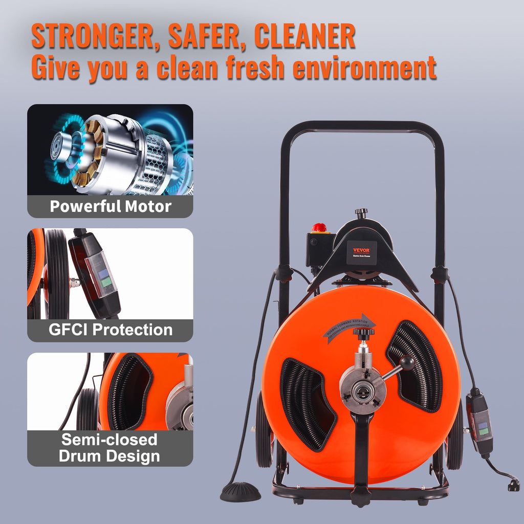 Drain Cleaner Machine Electric Drain Auger 100 FT x 3/4In Auto Feed