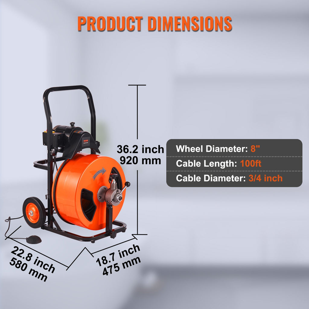 Drain Cleaner Machine Electric Drain Auger 100 FT x 3/4In Auto Feed