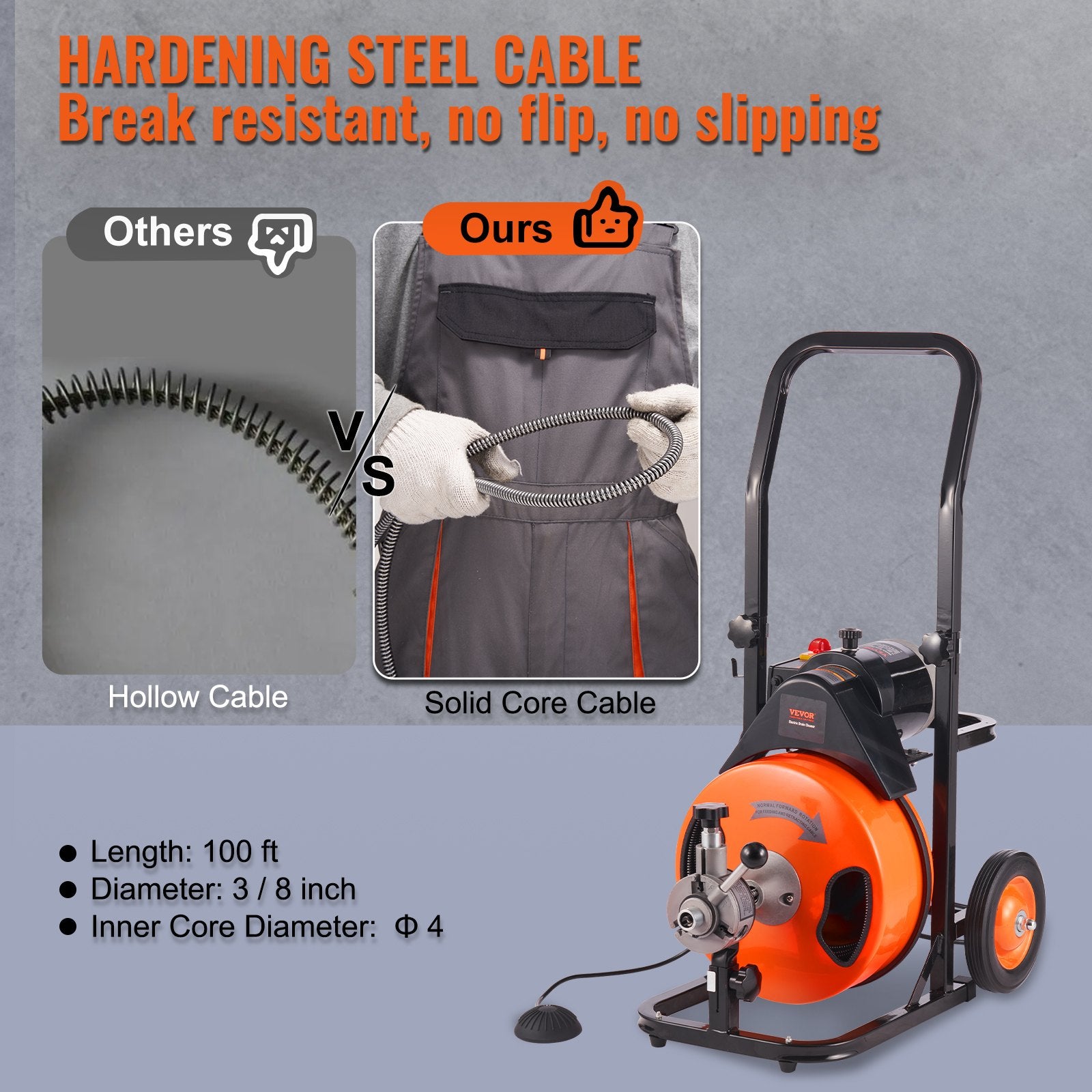 Drain Cleaner Machine Electric Drain Auger 100 FT x 3/8 In Auto Feed